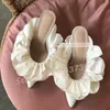 Weiße Blume Satin spitzen Zehen rutscht Frauen lässig Leopard High Heels Schuhe weibliche elegante Spitze prägnante solide große Hausschuhe