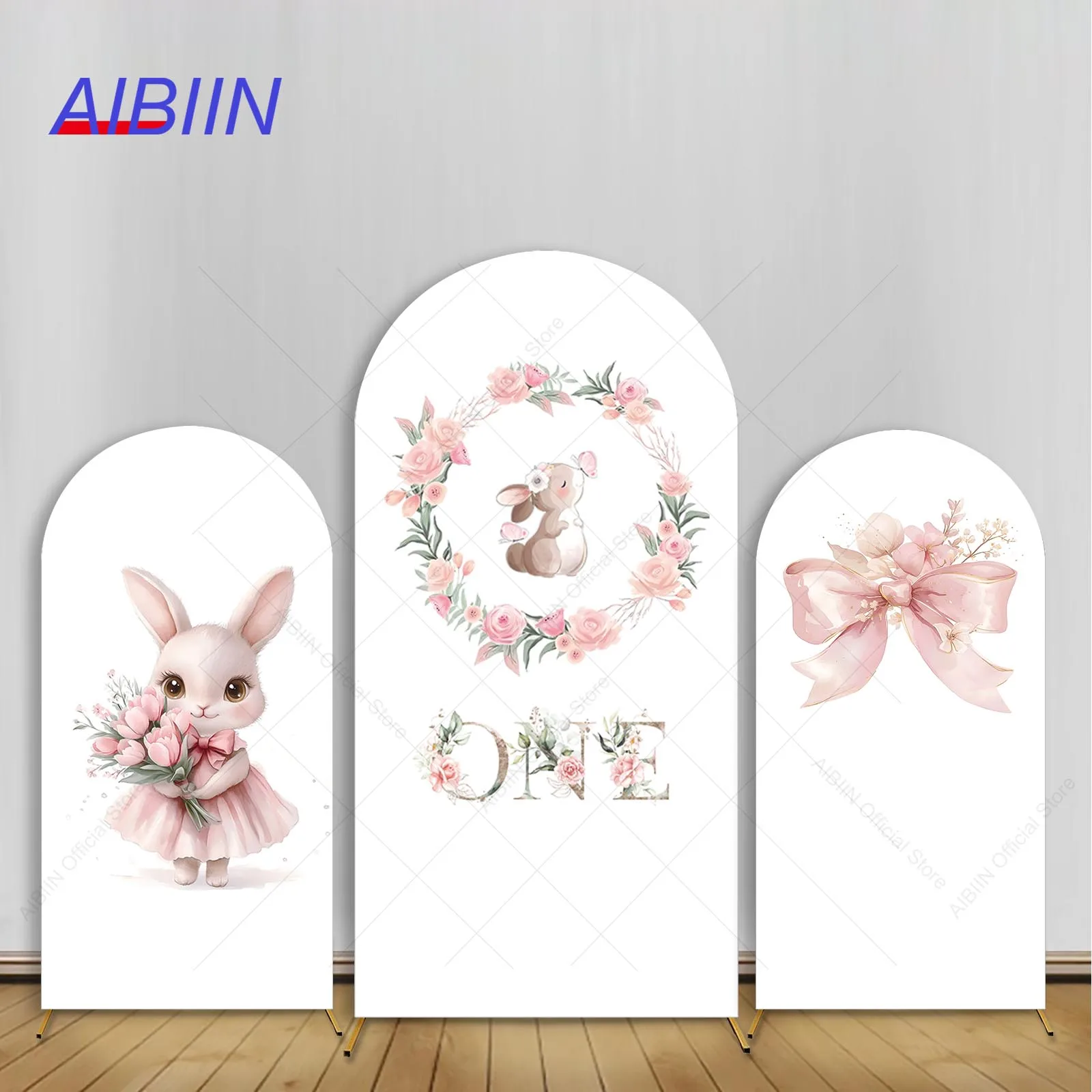 Bunny One Geburtstag Bogen Hintergrund Abdeckung rosa süße Kaninchen Blume Schleife alles Gute zum Geburtstag Baby Mädchen Party Dekor Porträt Hintergrund Image