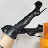 LAIGZEM Damen-Overknee-Stiefel, Plattform, besetzt, Kunstleder, dünne High Heels, Stiefel, Party, Abschlussball, Schuhe, Damen, große Größe 41, 44, 46 50 52