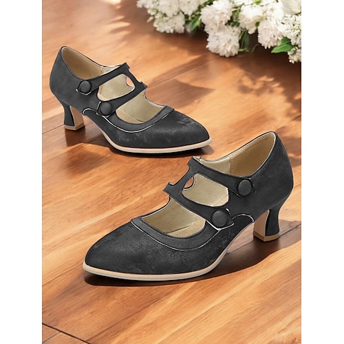 Damen-Vintage-Pumps mit Doppelriemen und Mary-Jane-Absatz – Retro-Pumps mit mittlerem Absatz und Knopfverschluss für formelle und legere Kleidung Image