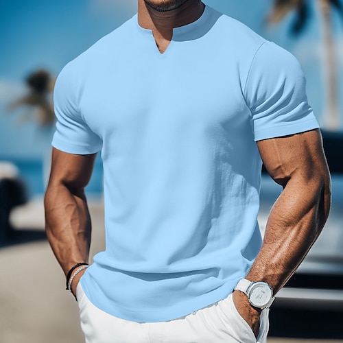 Herren T Shirt Kurzarm V Ausschnitt Sommer Einfach Mode Klassisch Bequem V-Ausschnitt Lässig Sport Ferien Hellblau Dunkelbraun Schwarz Top T-Shirt für Herren Image