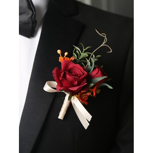 Ansteckblume und Ansteckblume fürs Handgelenk zur Hochzeit – elegante Blumenaccessoires aus künstlichen Rosen für den Bräutigam, die Trauzeugen, die Brautjungfern und besondere Anlässe Image