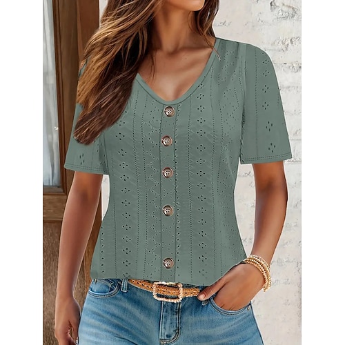 Wohnende weiße elegante Spitzenoberteile Augenbluse tägliche reguläre Oberteile Kurzarm V-Ausschnitt Knöpfe lockere Passform tägliche romantische kleine Oberteile Sommerferienbekleidung weiß rosa Image