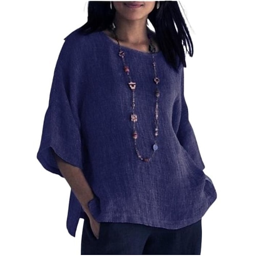 Damen Hemd Baumwoll Mischung Bluse Patchwork Einfarbig Stilvoll Lässig Dreiviertelarm Rundhalsausschnitt Normale Oberteile Täglich Arbeit Ausgehen Blau Gelb Rosa Grau Sommer Frühling Image