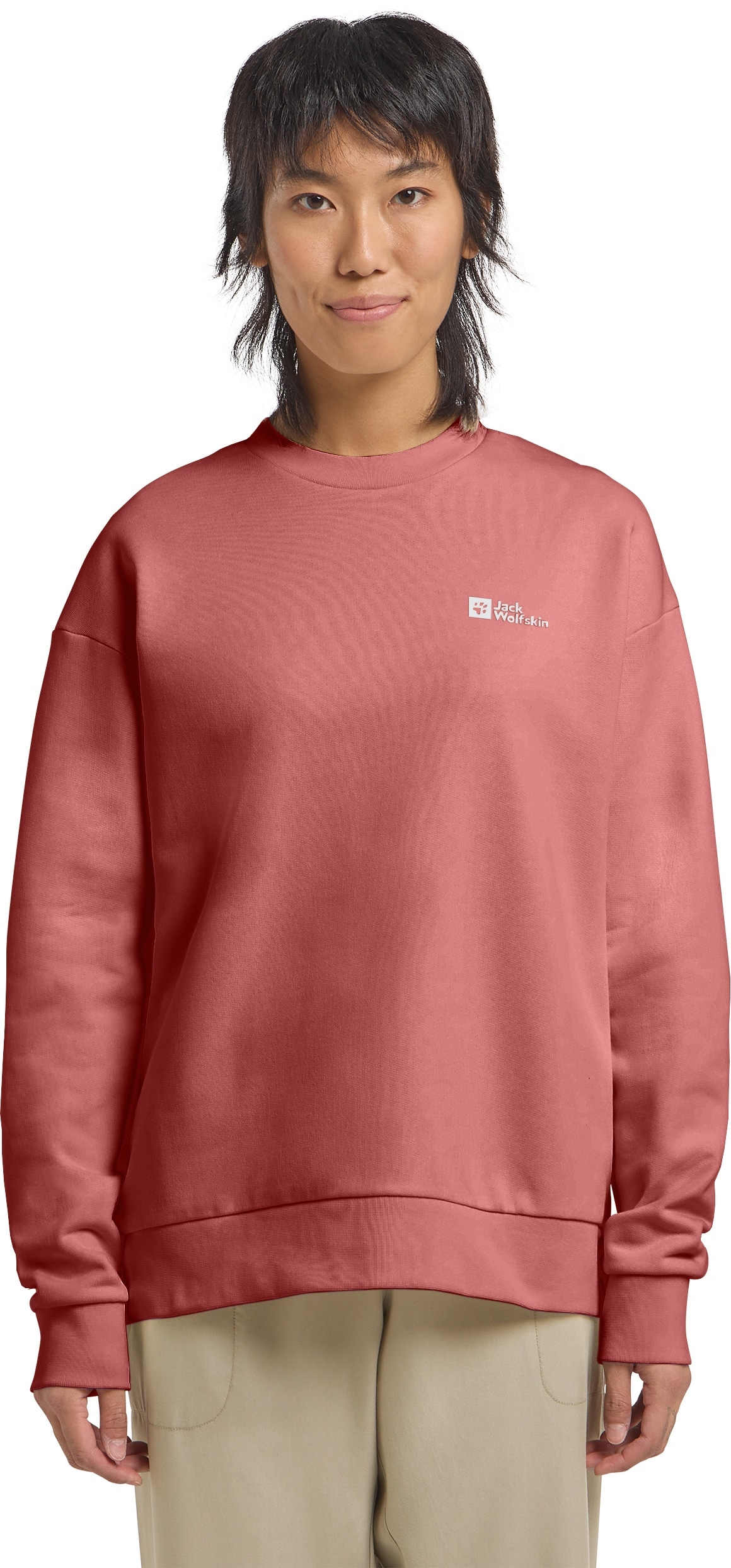 Langarmshirt JACK WOLFSKIN "ESSENTIAL CREWNECK W", Damen, Gr. XL (46), rot (mineral, rot), Oberstoff: 100% BAUMWOLLE ; Kontrastmaterial 1: 95% BAUMWOLLE, 5% ELASTHAN; Kontrastmaterial 2: 100% BAUMWOLLE, Shirts Langarmshirt
