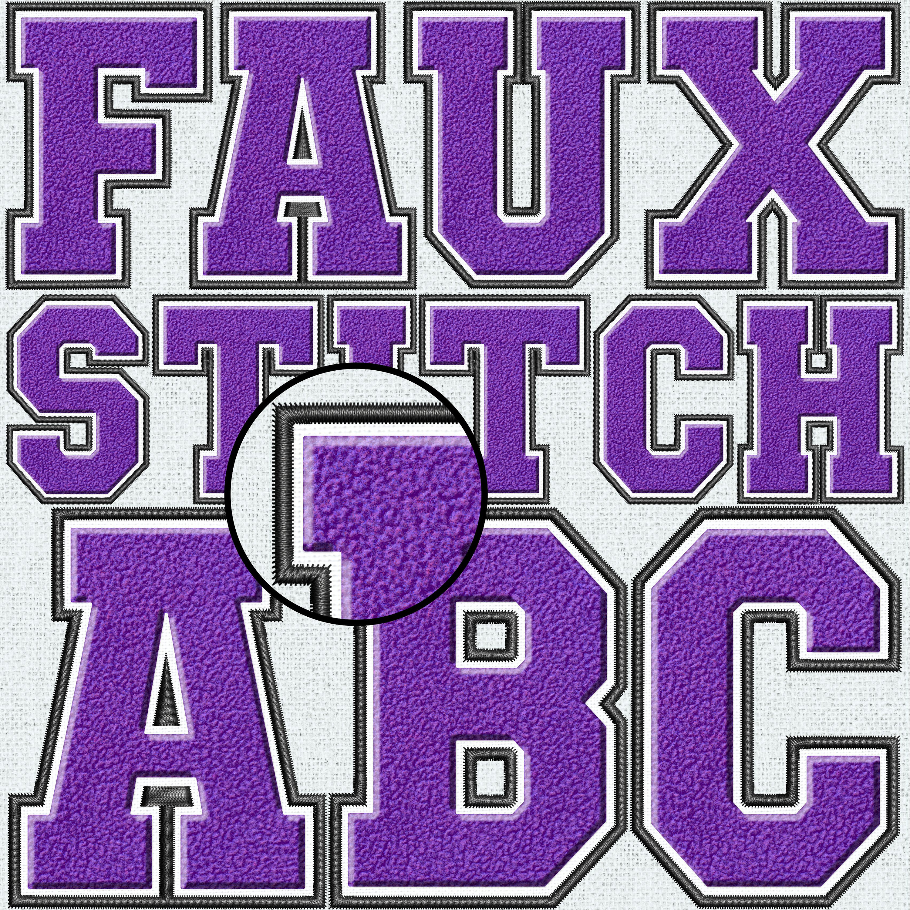 Lila Faux Stickerei Chenille Buchstaben, Faux Chenille Patch, Faux Chenille Buchstaben, Uni, College, Faux genäht PNG, Faux Stitch, 13FS