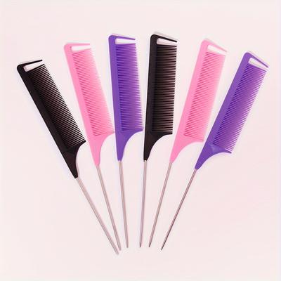 TEMU 6pcs Professional Rat Tail Combs With Steel Pins - Fine Tooth Hair Styling & Detangling Brushes For Salon And Home Use Image