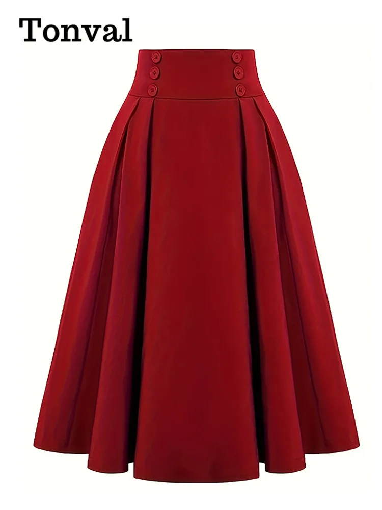 Tonval Zweireihiger, hoher Taillen-Plissee-Langrock für Damen, 2024, Herbst und Winter, elegante A-Linie, Vintage-Rote, solide Röcke
