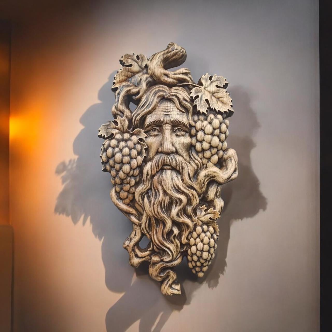 Dioniso, antico dio greco del vino, decorazione da parete Dioniso, dio greco del vino, scultura di Dioniso, scultura in legno, arte murale, volto di D