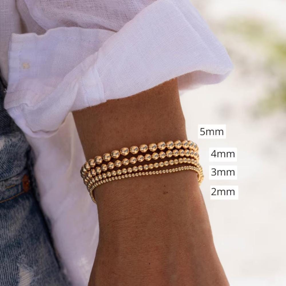 Bracciale regolabile, braccialetti da donna Bracciale con palline di perline riempito in oro 14K, 2 mm, 3 mm, 4 mm, 5 mm, riempito in oro 14K
