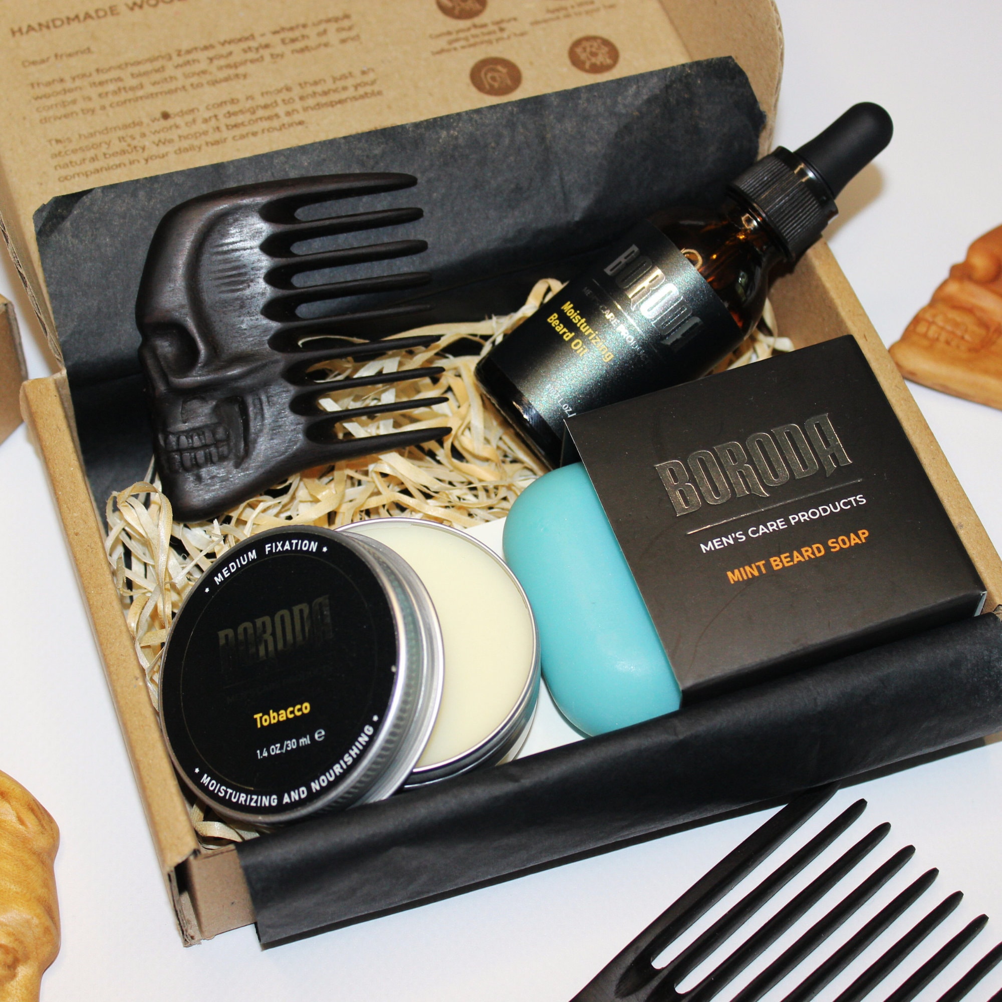 Set per la cura della barba con incisione personalizzata, pettine per barba in legno, olio per barba, balsamo per barba, sapone per barba, regalo pers