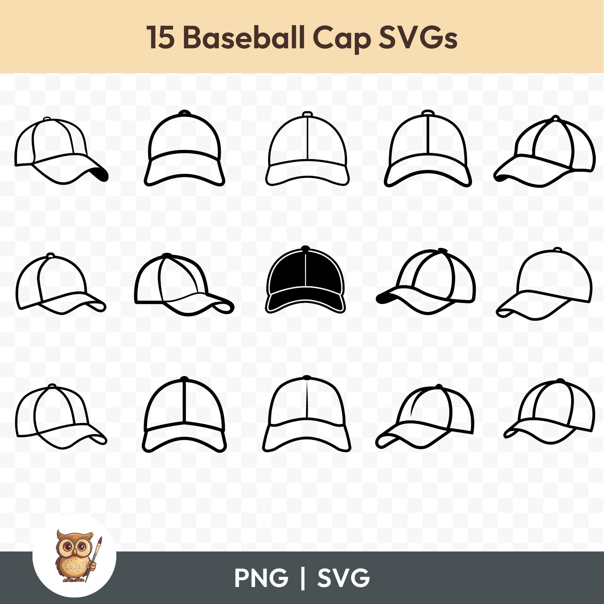 Pacchetto SVG di cappellini da baseball, clipart di cappellini, 15 file di taglio di cappellini da baseball per Cricut, PNG e SVG, file di taglio di i