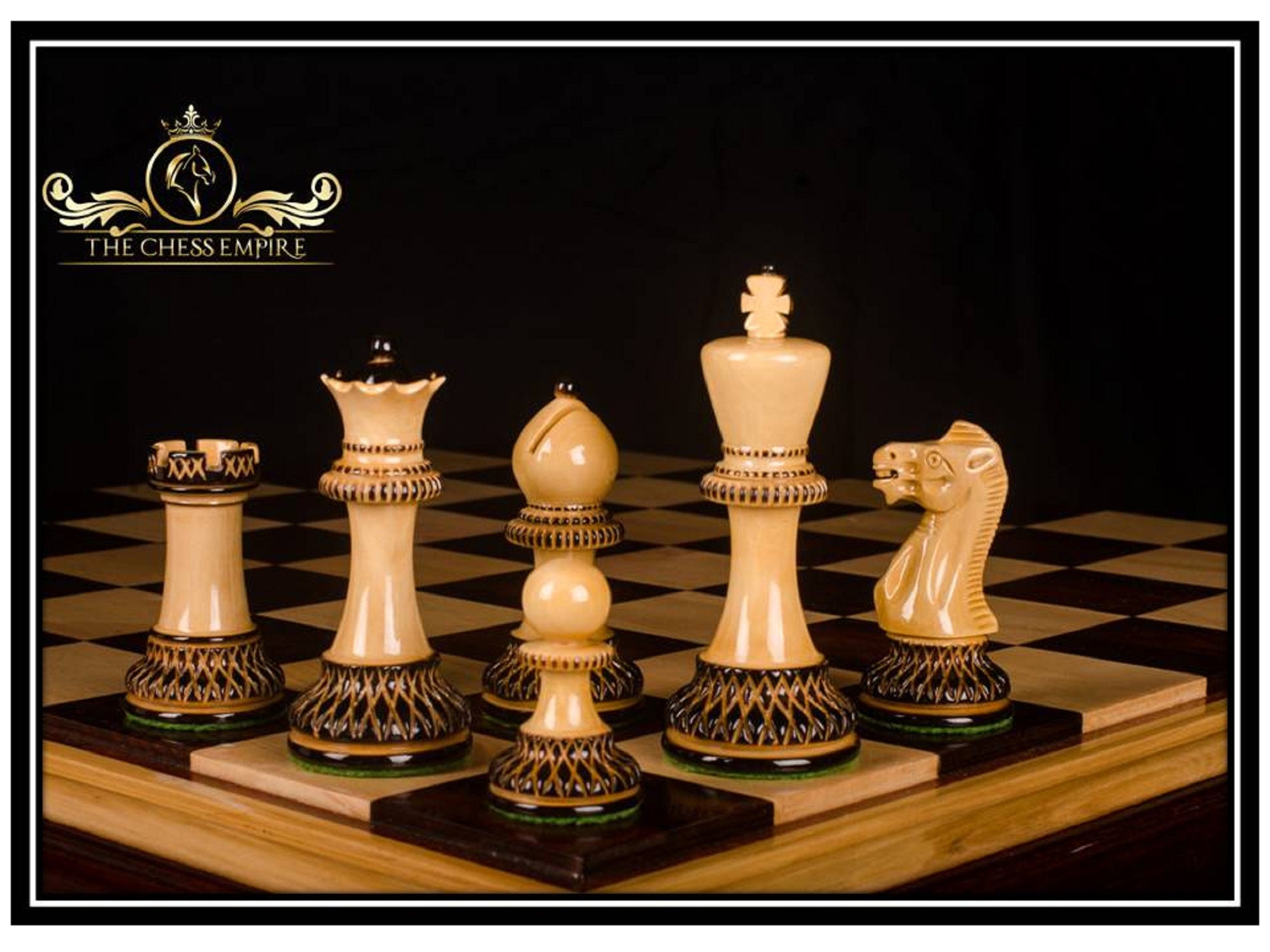 "Pezzi degli scacchi di lusso in legno Parker Boxwood Burnt da 3,75\" King, pezzi degli scacchi Staunton - The Chess Empire"