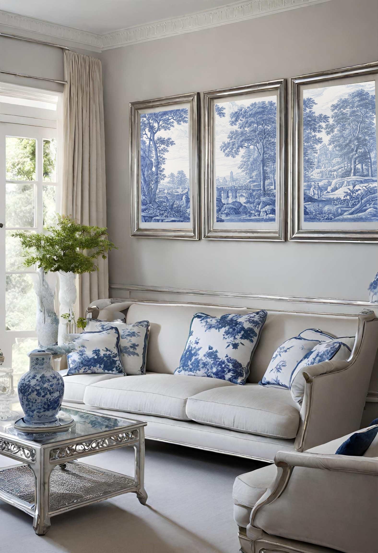 Set di 3 stampe artistiche da parete, poster toile de jouy, arredamento per la casa blu e bianco, grande galleria murale, parete artistica per soggior