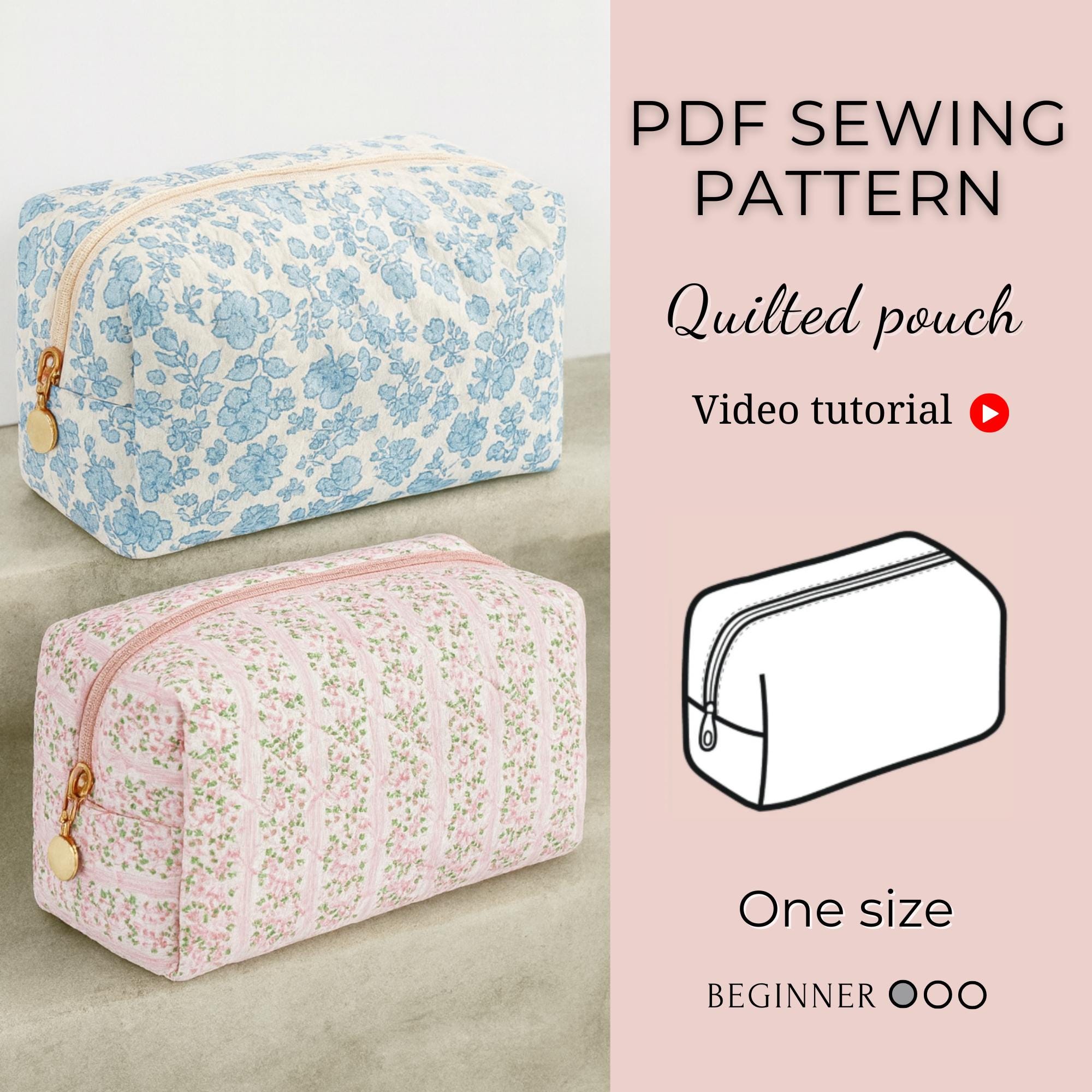 Modello di cucito PDF per borsa trapuntata squadrata / Modello di cucito PDF / Borsa trapuntata / Modello per borsa per il trucco / Modello per borsa