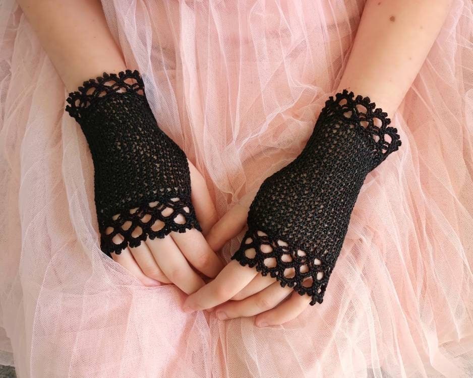 Guanti in pizzo nero, guanti senza dita, guanti all'uncinetto, guanti da sposa, guanti da damigella d'onore, guanti estivi in cotone, guanti gotici, g