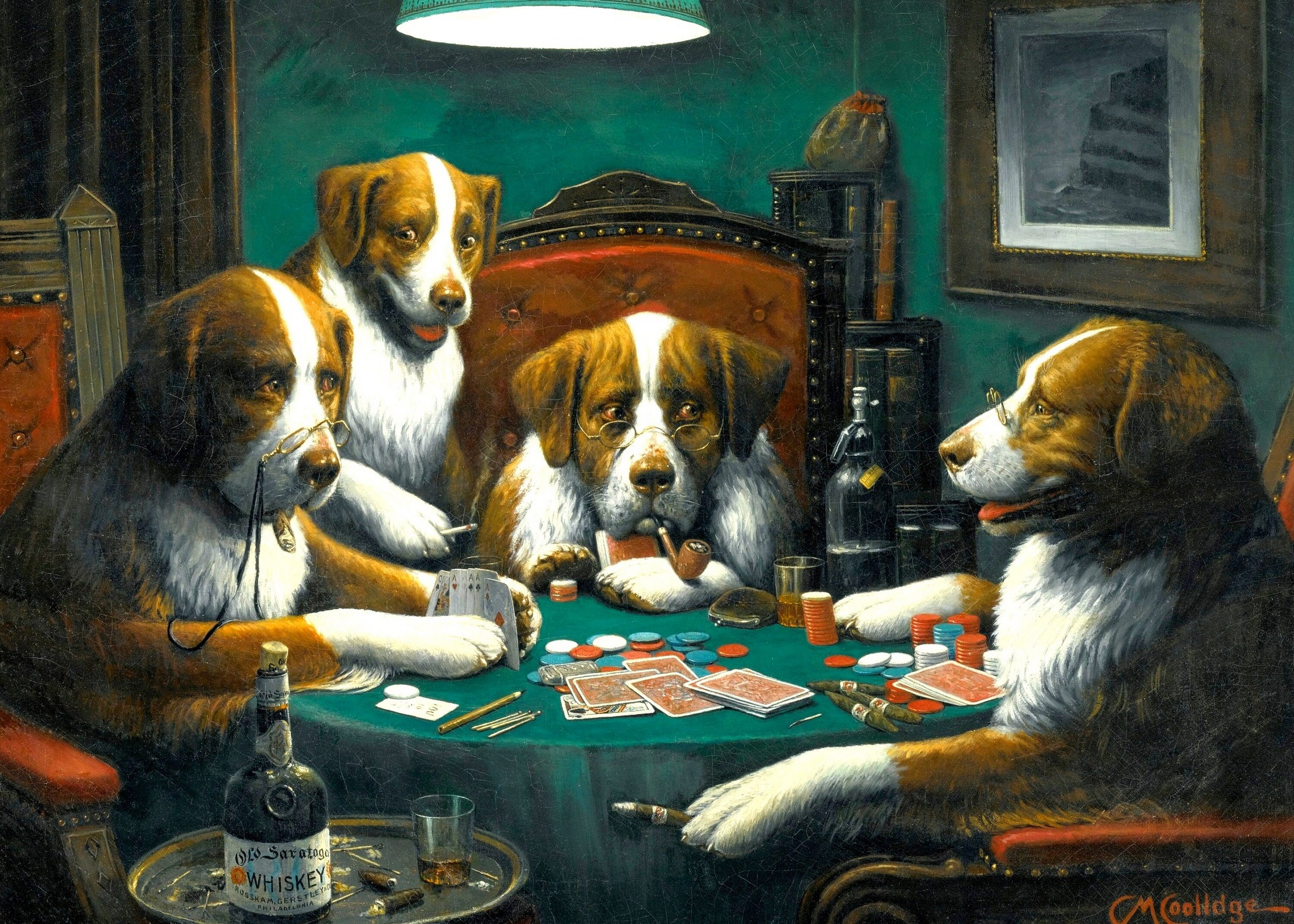 Tovaglietta laminata Coolidge Dogs Playing Poker 2 | Decorazione umoristica retrò da casinò | Regalo per appassionati di poker e animali (A3)
