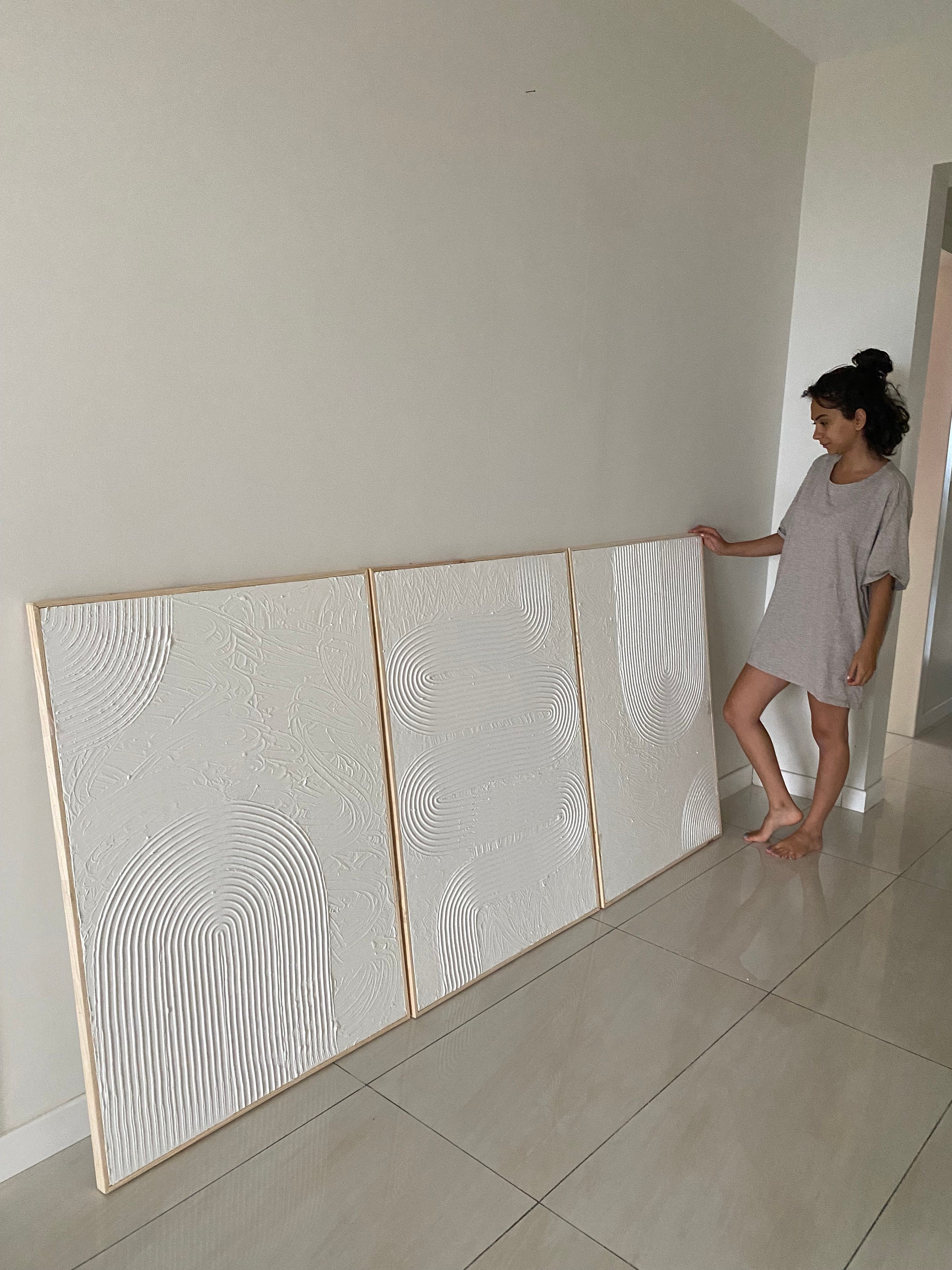 Set XL di 3 quadri da parete bianchi testurizzati, quadri da parete in gesso, quadri testurizzati, quadri da parete in tela testurizzata, quadri da pa