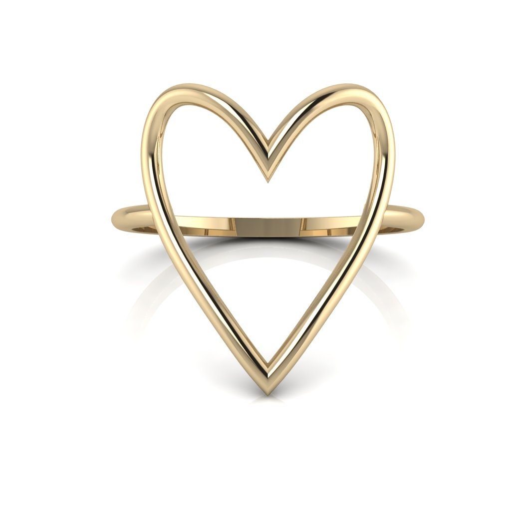 Anello a forma di cuore in oro giallo, anello a forma di cuore aperto in oro massiccio 14K, anello oversize