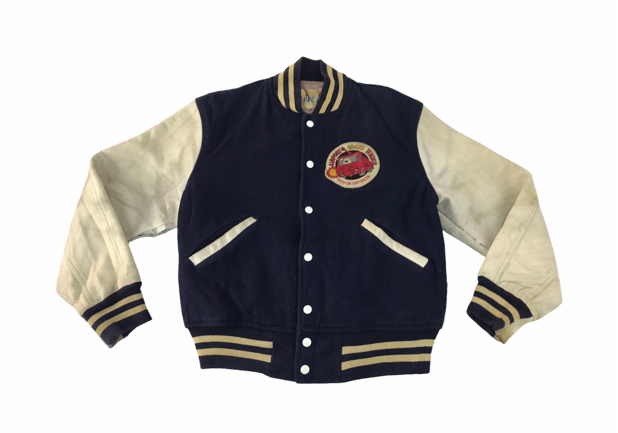 Vintage anni '90 Ruby Airport Crash Tender Varsity Giacca Manica in pelle Trapuntata Imbottita Bottone a pressione interno Adatto alla taglia M Colleg
