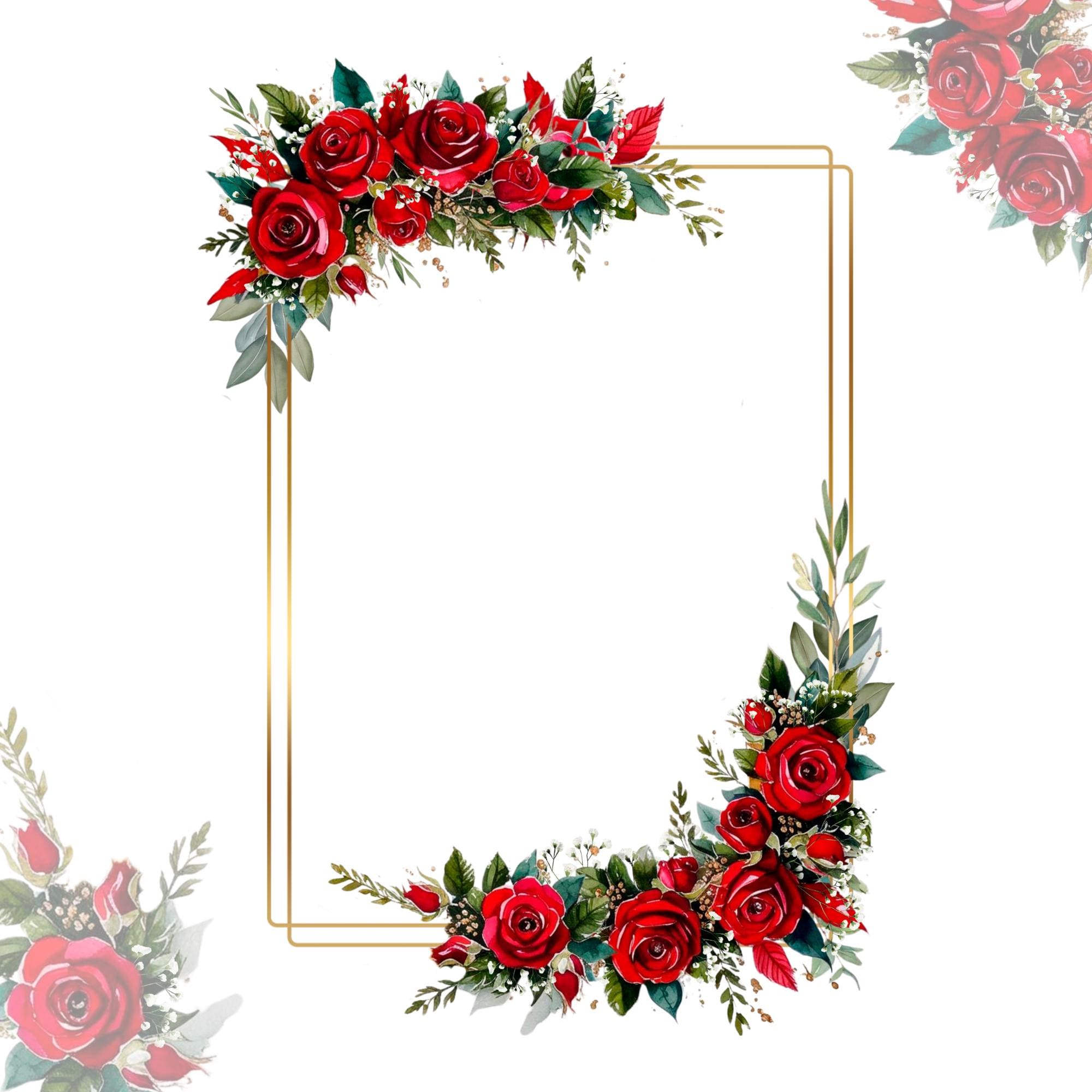 Clipart di rose rosse e cornice dorata con eucalipto, clipart di fiori per matrimoni, bordo floreale verde ad acquerello in formato PNG, invito fai da