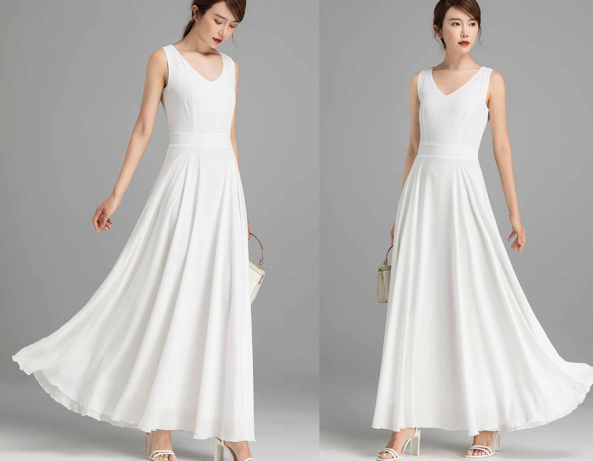 Abito bianco, abito in chiffon, abito lungo in chiffon senza maniche, abito da damigella d'onore, abito da donna, abito estivo, abito da ballo, abito
