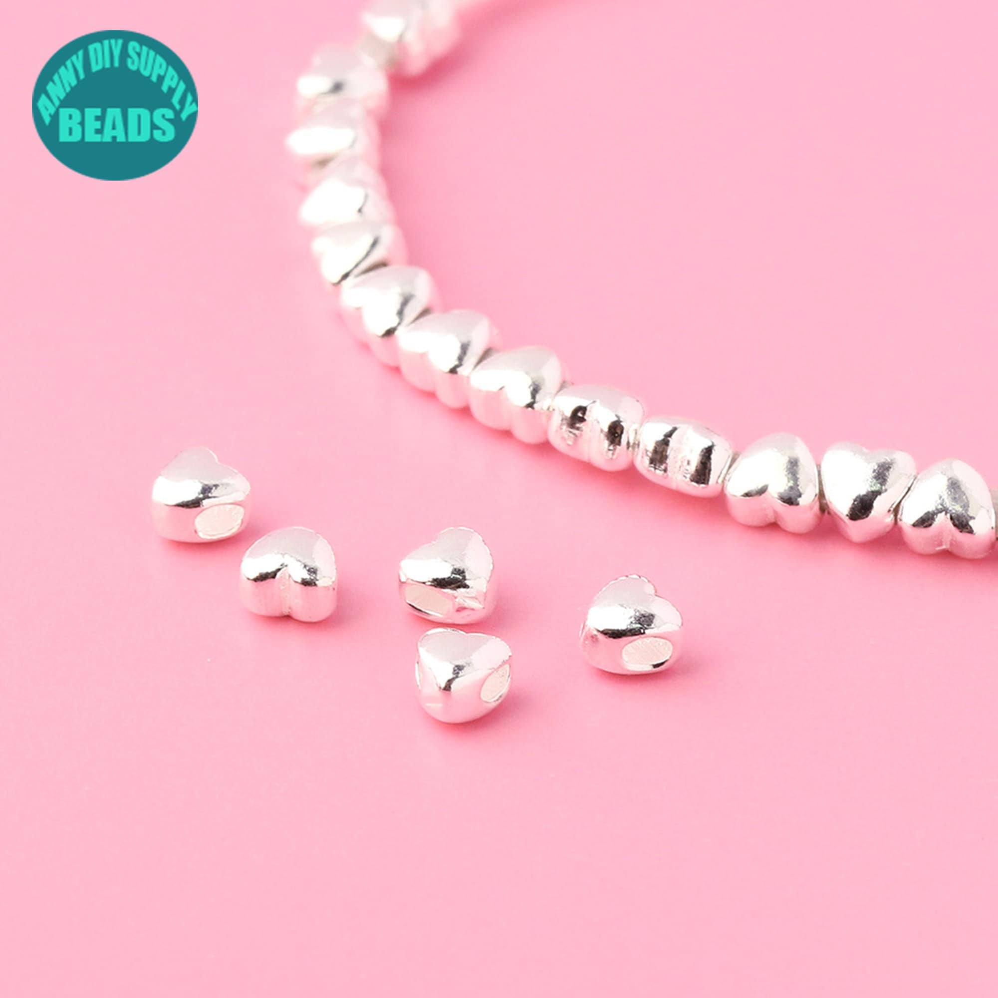 Perline a forma di cuore in argento Sterling S925, perline a forma di cuore, perline distanziatrici per braccialetti, 3,5x3,2 mm