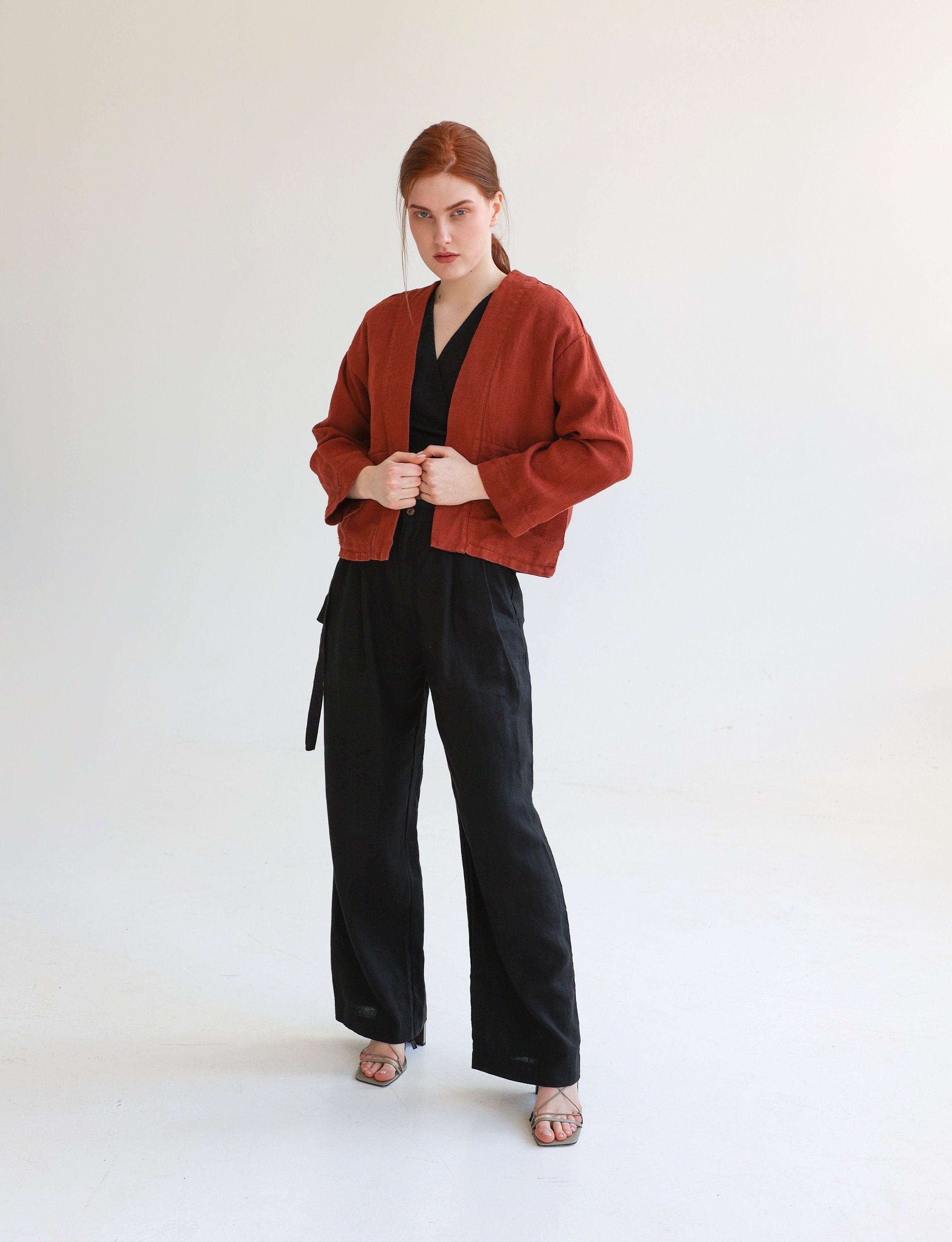 Giacca kimono in lino con tasche, giacca corta in lino, giacca larga in lino da donna, giacca corta in lino, cardigan kimono, cardigan in lino TIME