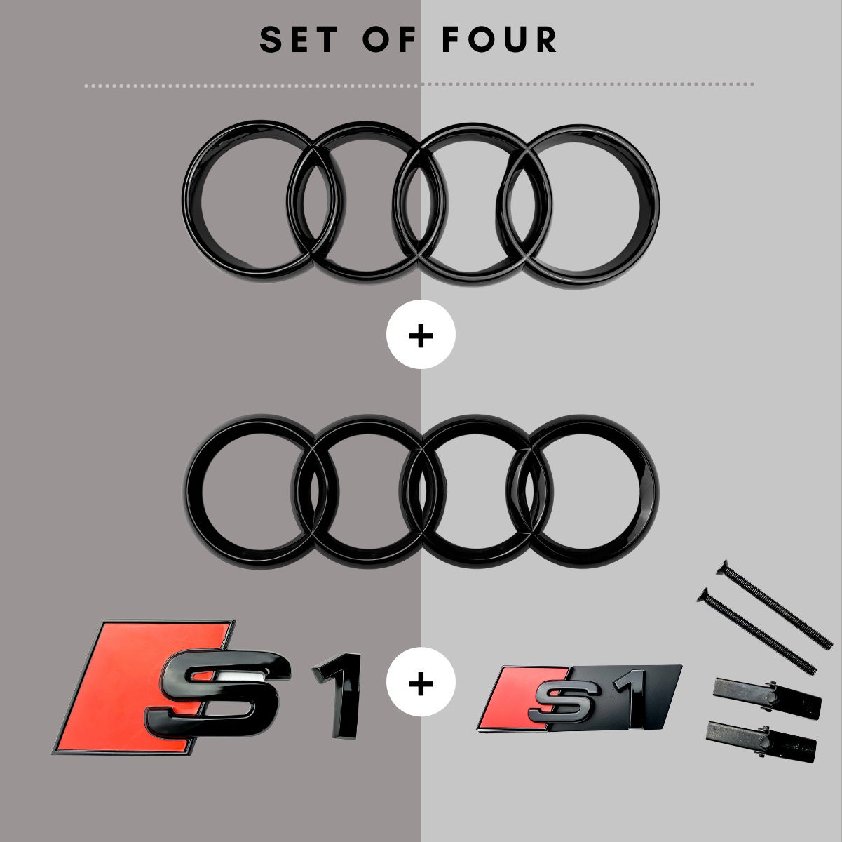 Audi S1 Glossy Glossy Black Set Kit Distintivi Anelli Anteriori Posteriori Griglia Baule Emblema Nero SET KIT Anelli Anteriori Distintivo Coperchio Ba