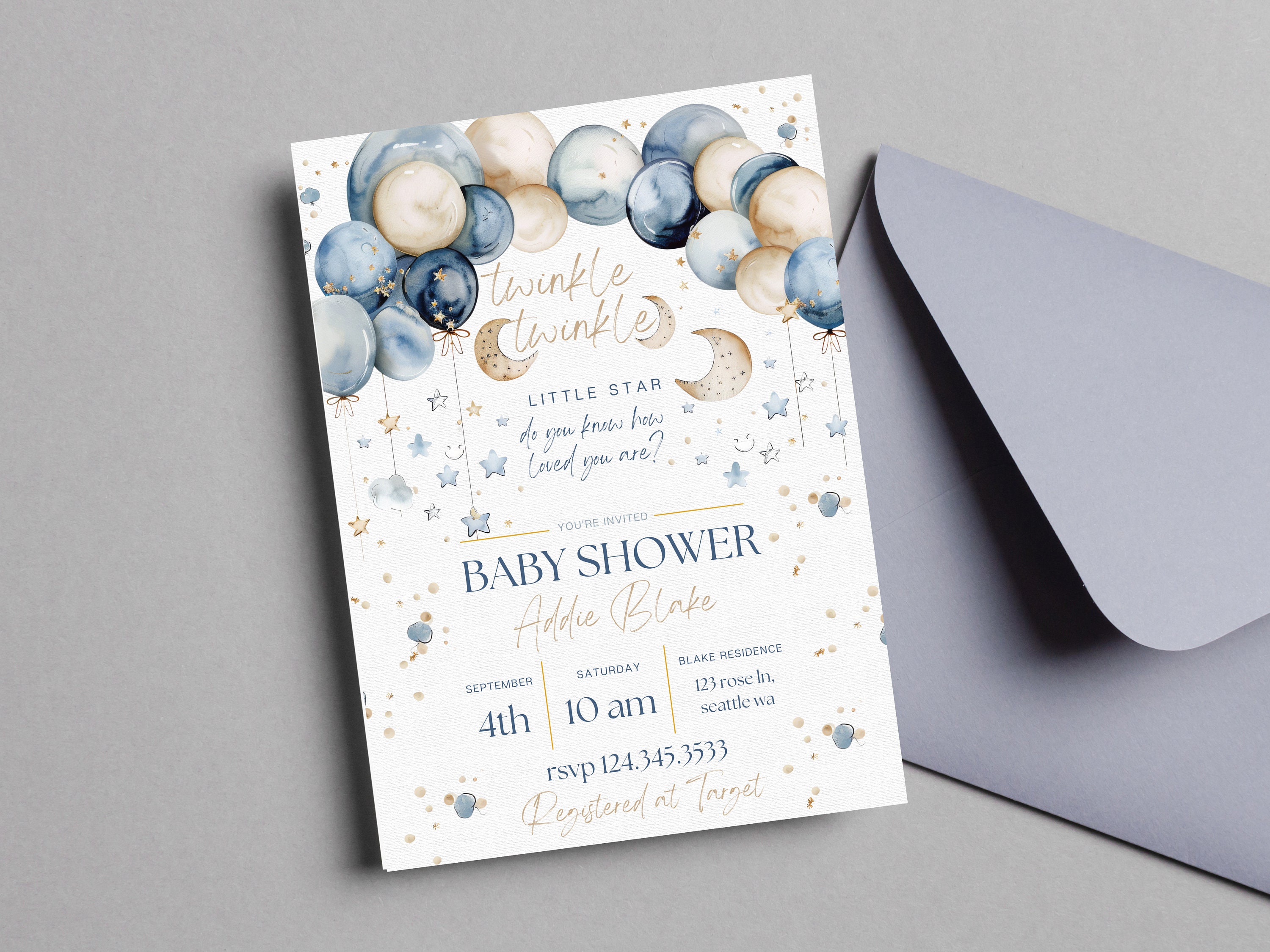 Invito per baby shower Blue Twinkle Twinkle Little Star, invito per baby shower carino, invito per baby shower con luna e stelle, invito per baby show