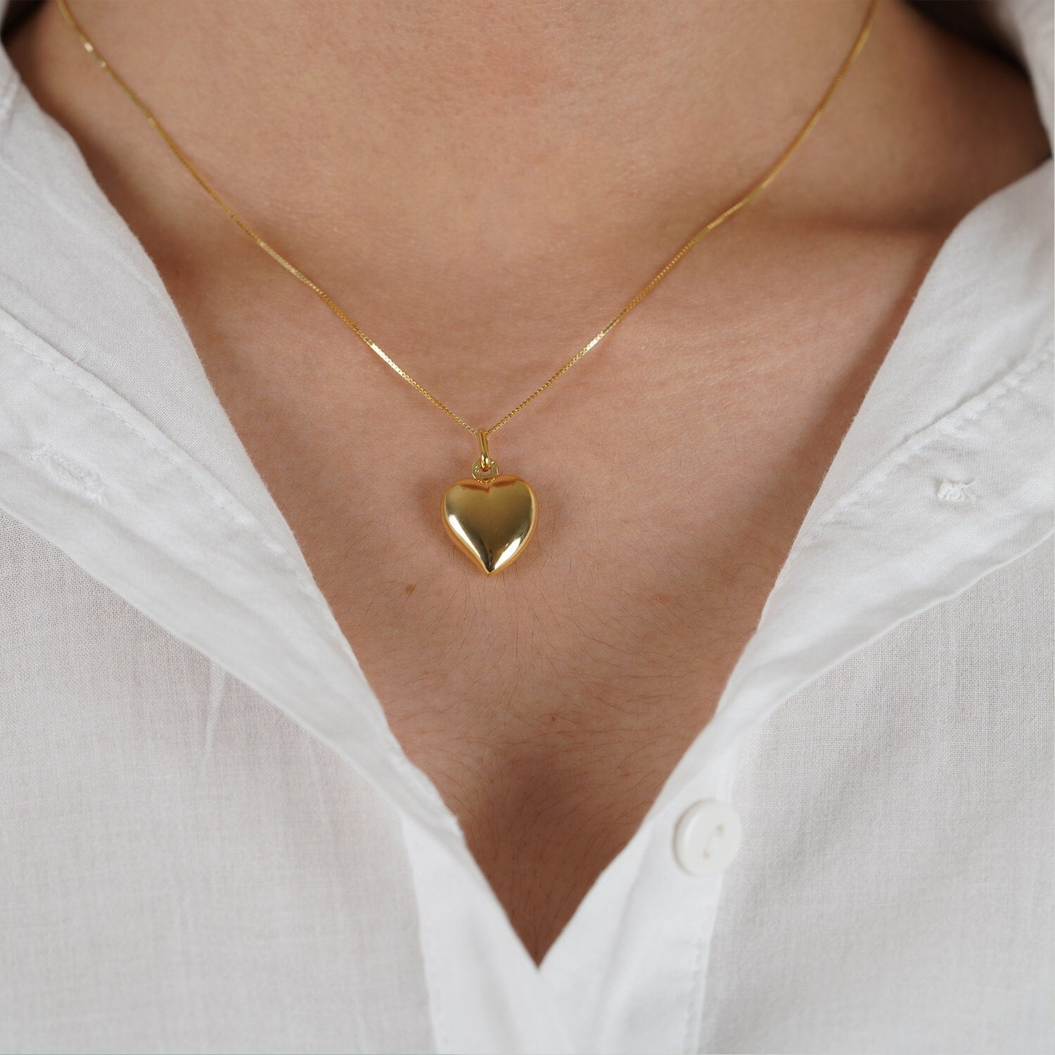 Collana con cuore gonfio in oro 10 carati, ciondolo con cuore gonfio in oro massiccio, delicata collana con ciondolo a forma di cuore, gioielli raffin