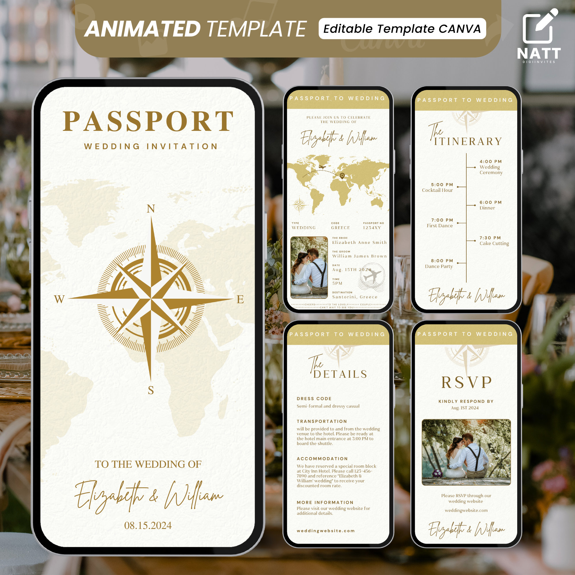 Invito a nozze animato con passaporto, modello di invito a nozze digitale, modello di invito a nozze con video di viaggio, invito a nozze