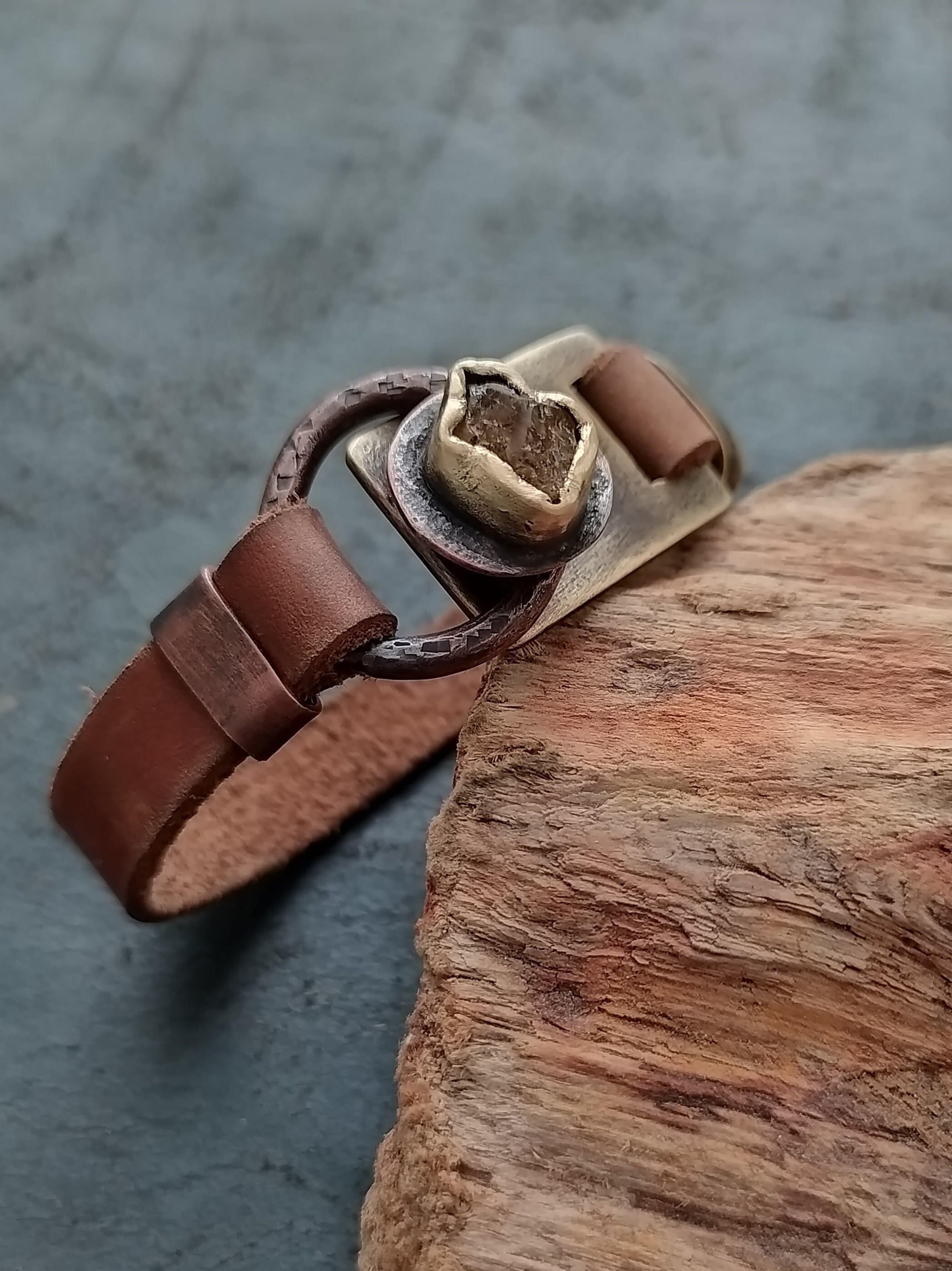Bracciale in pelle con pietre preziose, bracciale in pelle da uomo, bracciale in pelle con polsino, bracciale in pelle marrone per uomo, bracciale con