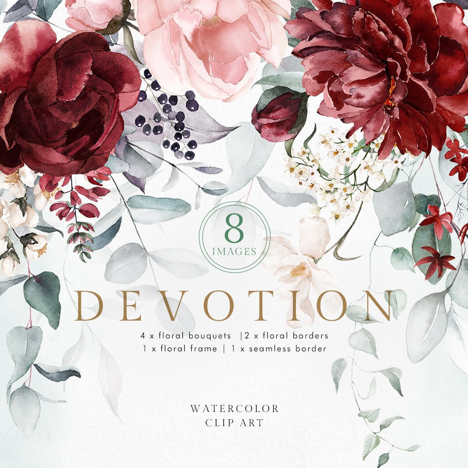 Acquerello Rosa Borgogna Blush Verde eucalipto bouquet bordo cornice rosa peonia fiore matrimonio invito floreale clipart verde digitale