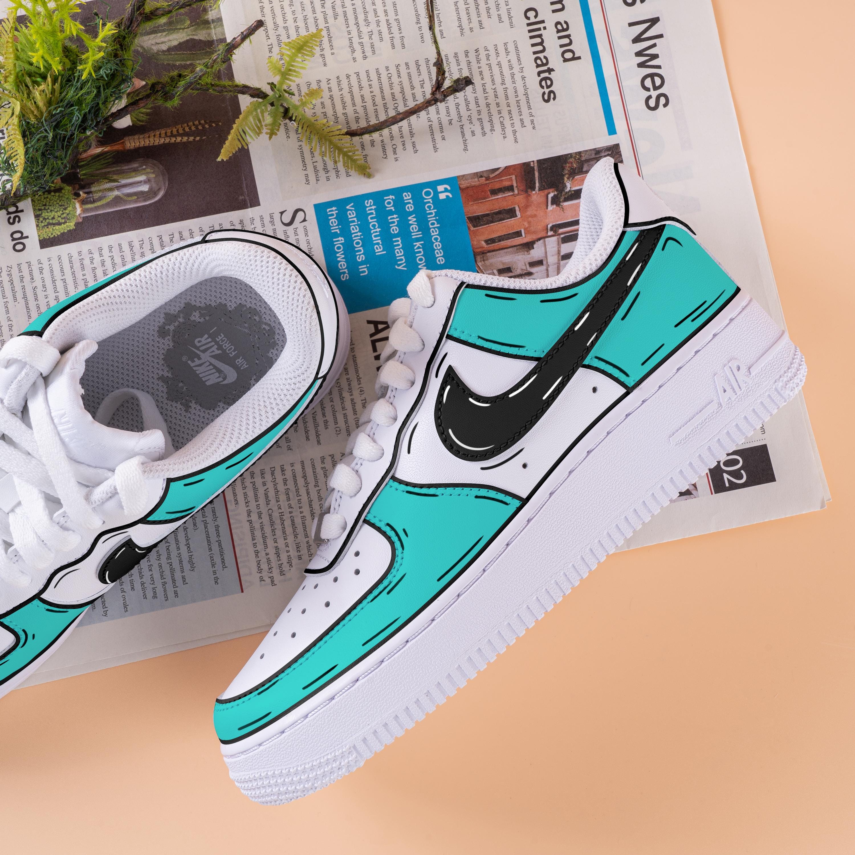 Scarpe da ginnastica nere azzurre Air Force One dipinte a mano, personalizzate, scarpe da sposa nere Air Force 1 con linea di colore dei cartoni anima