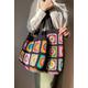 Borsa tote colorata nera all'uncinetto, borsa grande quadrata con motivo floreale della nonna, borsa foderata in cotone, borsa a tracolla boho, borsa