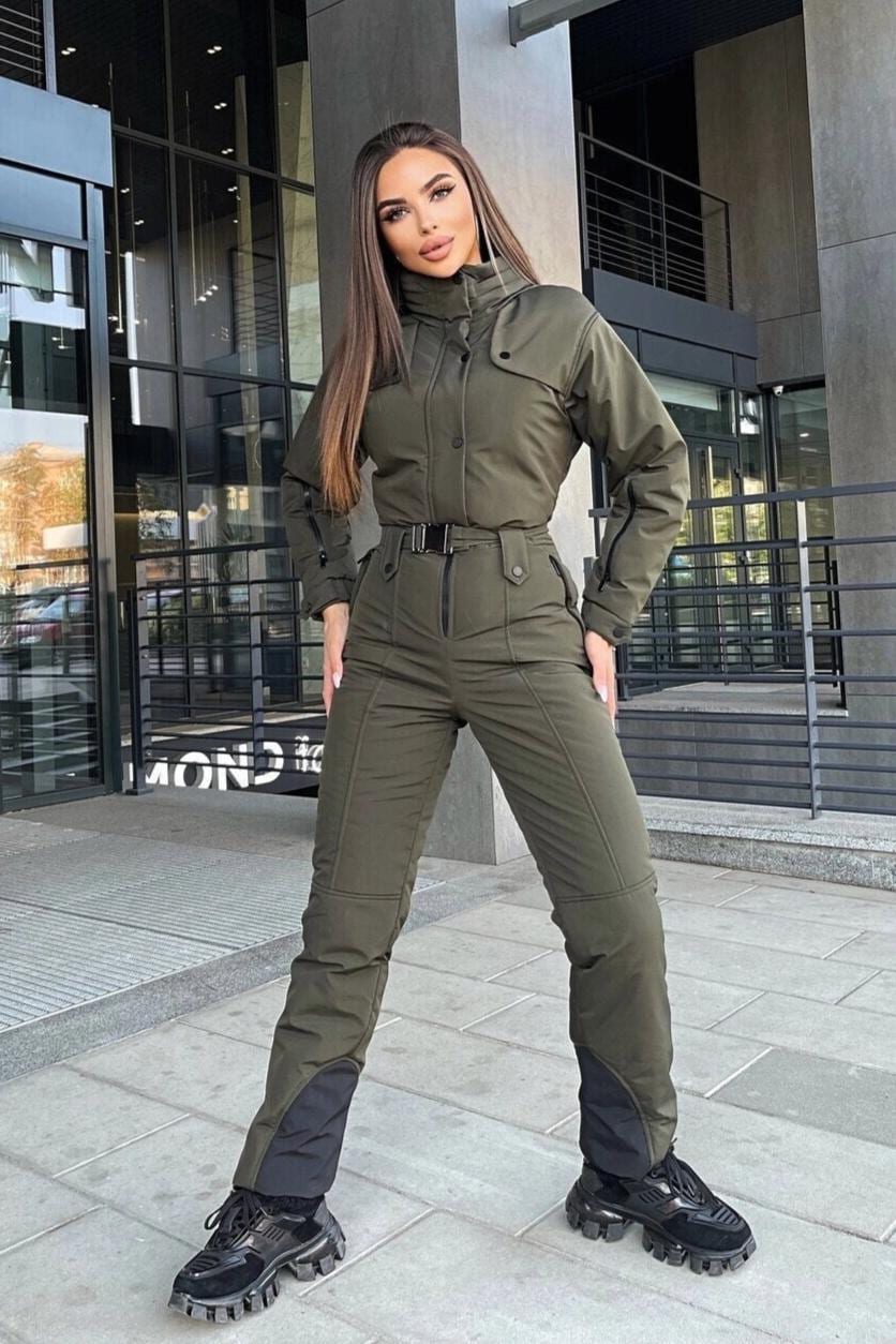 Tuta da sci donna Tuta da sci impermeabile con membrana color kaki Tuta da sci donna color oliva Tuta da neve verde militare Tuta intera Tuta da sci P