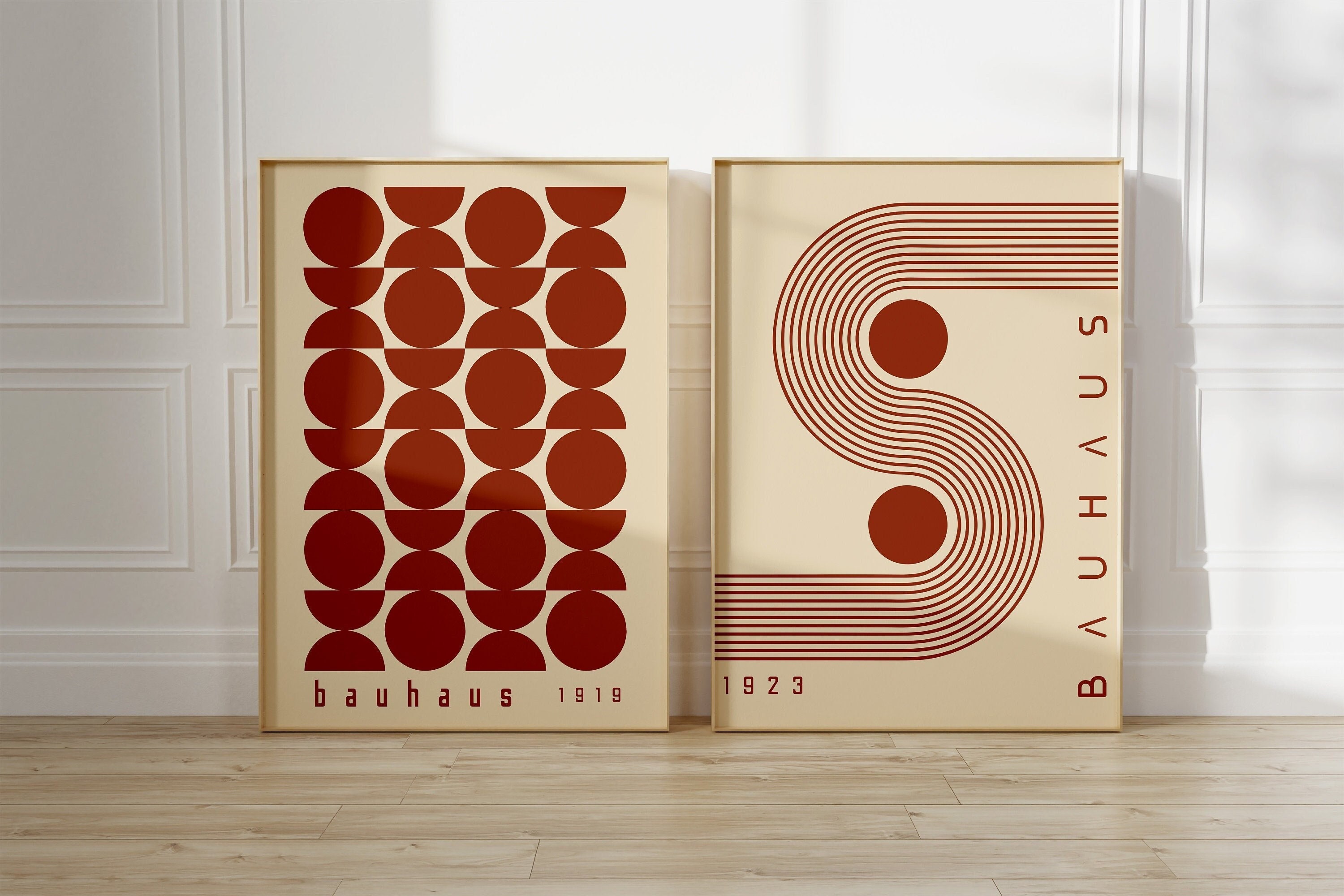 Set di 2 poster stampabili della mostra Bauhaus, set di stampe in terracotta Mid-Century Modern, arte murale retrò Bauhaus, set minimalista di 2 stamp