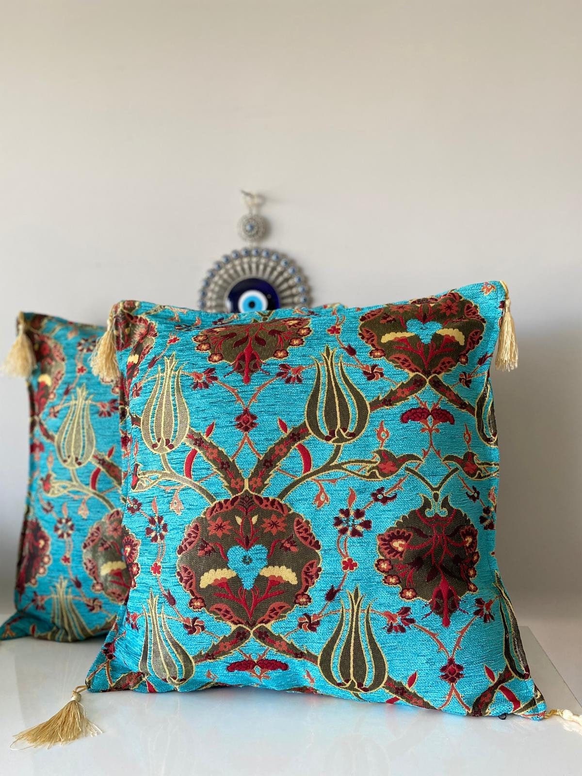 Set di due cuscini orientali turchi, set di cuscini orientali Kilim, set di due cuscini turchi, set di due cuscini tribali etnici unici, blu