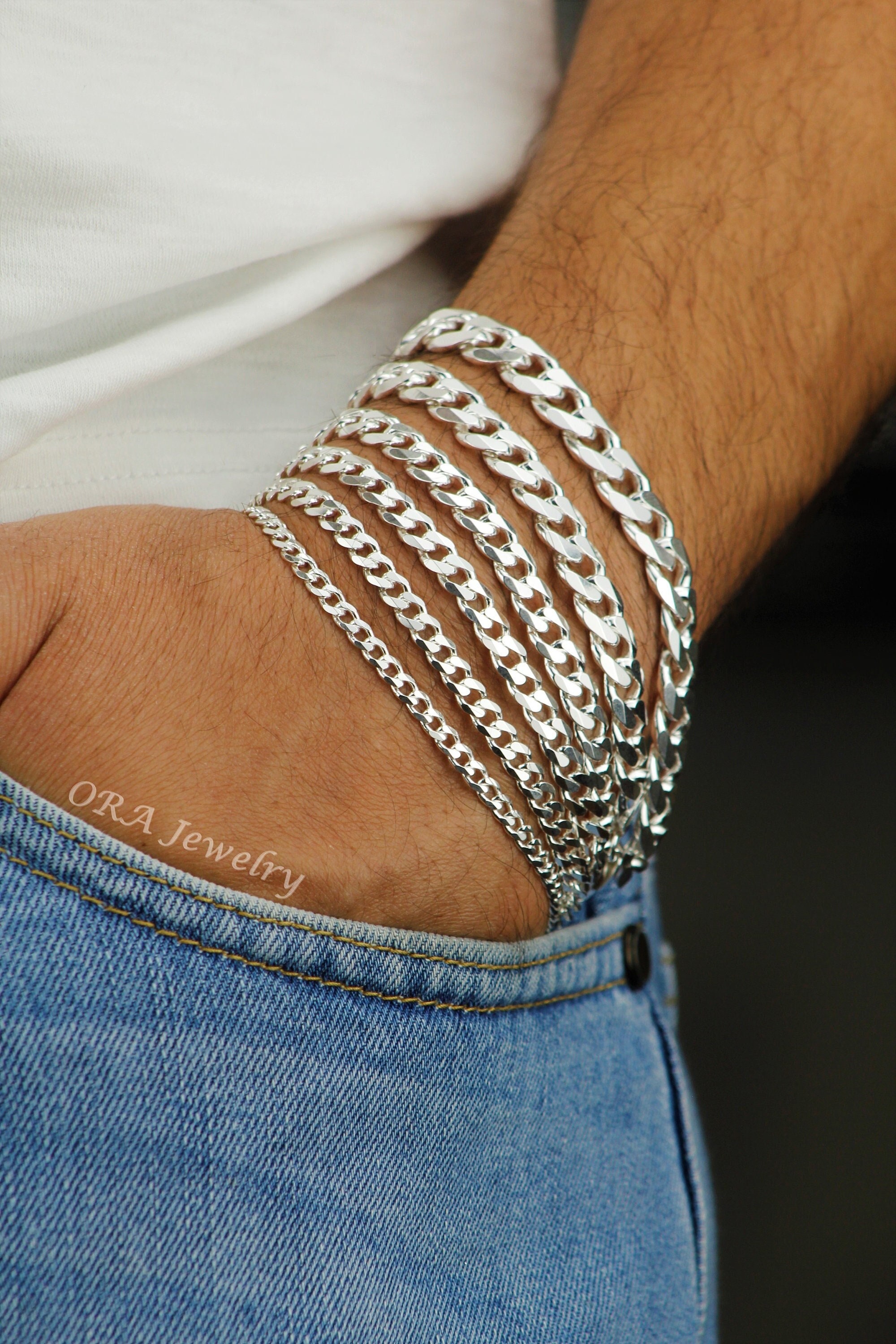 Bracciale a catena in argento sterling 925, bracciale in argento spesso da 3,8 mm, 4,5 mm, 5,7 mm, 6,7 mm, 8,1 mm, 9,3 mm, bracciale cubano in argento