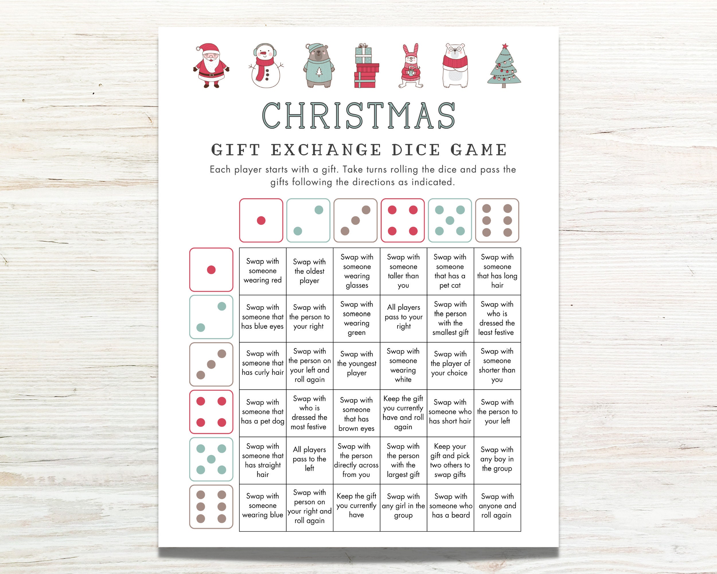 Gioco di dadi stampabile per lo scambio di regali di Natale, Scambio di regali di Natale con i dadi, Elefante bianco, Gioco di scambio di regali, Gioc