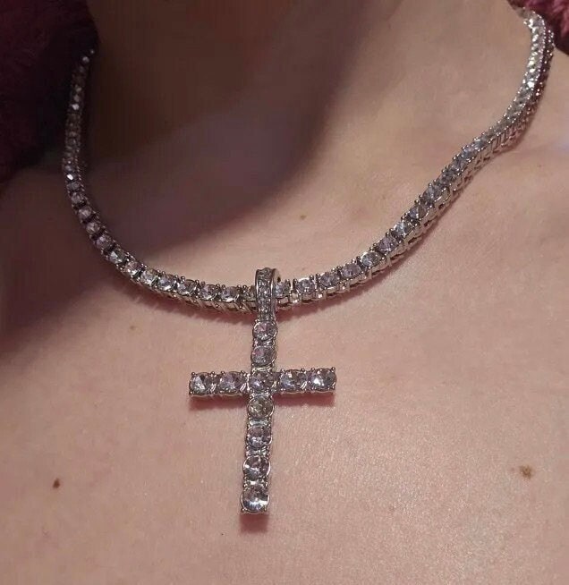Collana con croce, catena da tennis, ICED OUT, ciondolo a croce di Gesù in argento, moda hip hop, gioielli religiosi, gemma di strass