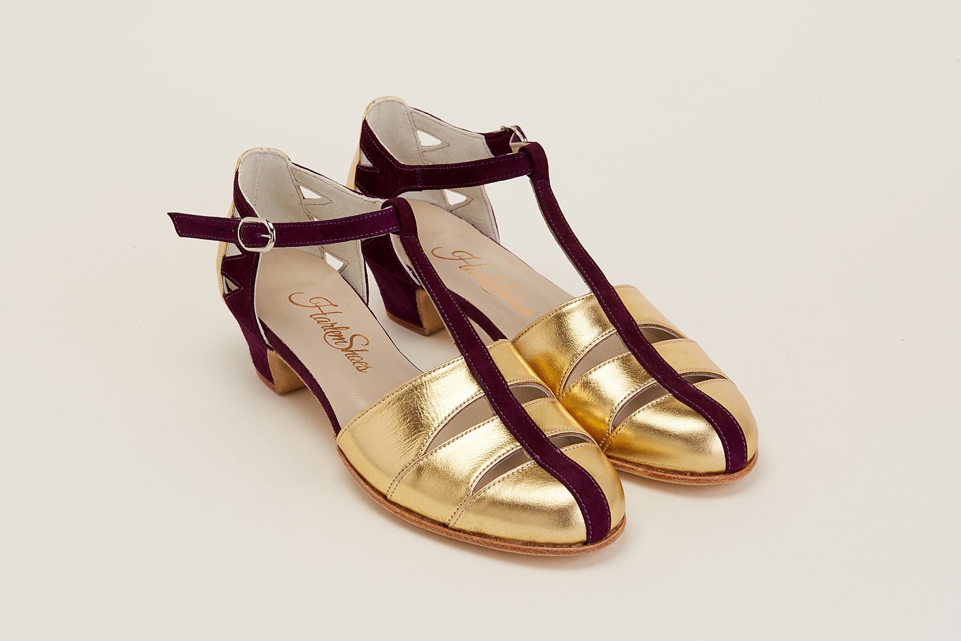 Scarpe da ballo swing da donna in pelle dorata e camoscio viola Harmony / Scarpe vintage / Scarpe personalizzate / Scarpe Harlem