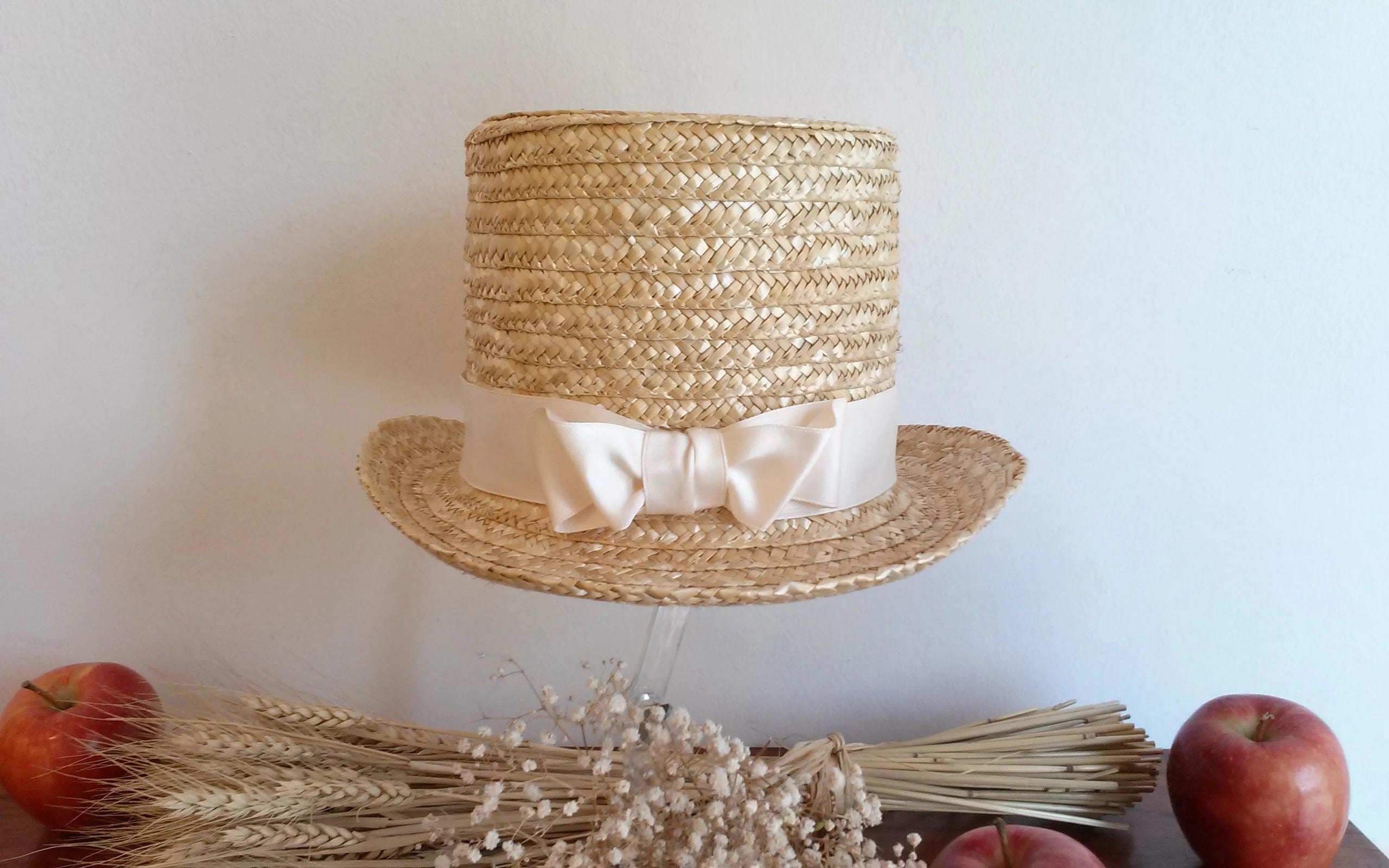 Cappello a cilindro in paglia naturale, cappello cerimoniale in paglia, cappello da sposa in paglia, cappello di paglia per la sposa.