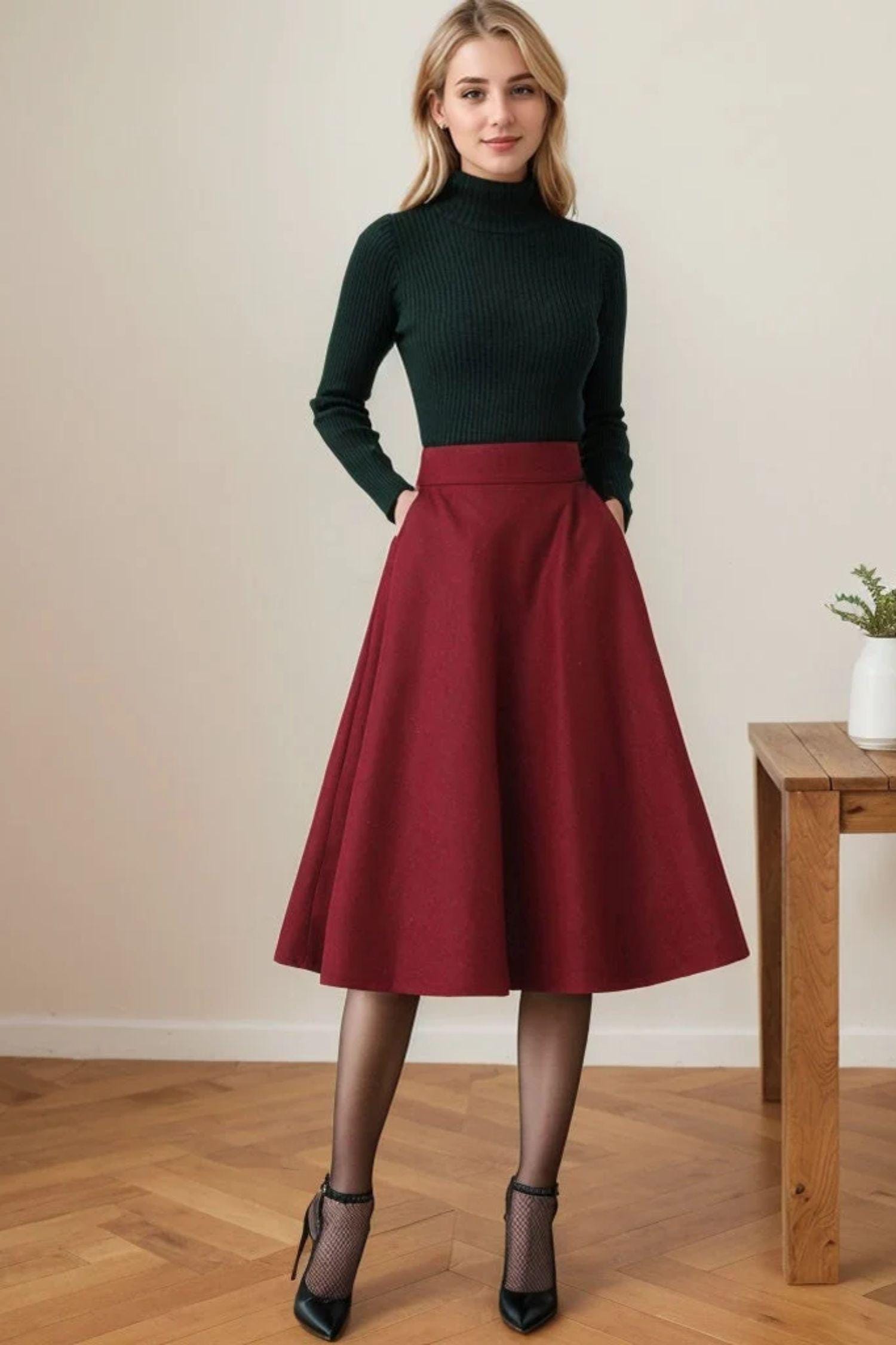 Gonna di lana, gonna invernale, gonna midi di lana, gonna di lana da donna, gonna con tasca, gonna a trapezio, gonna a vita alta, gonna personalizzata