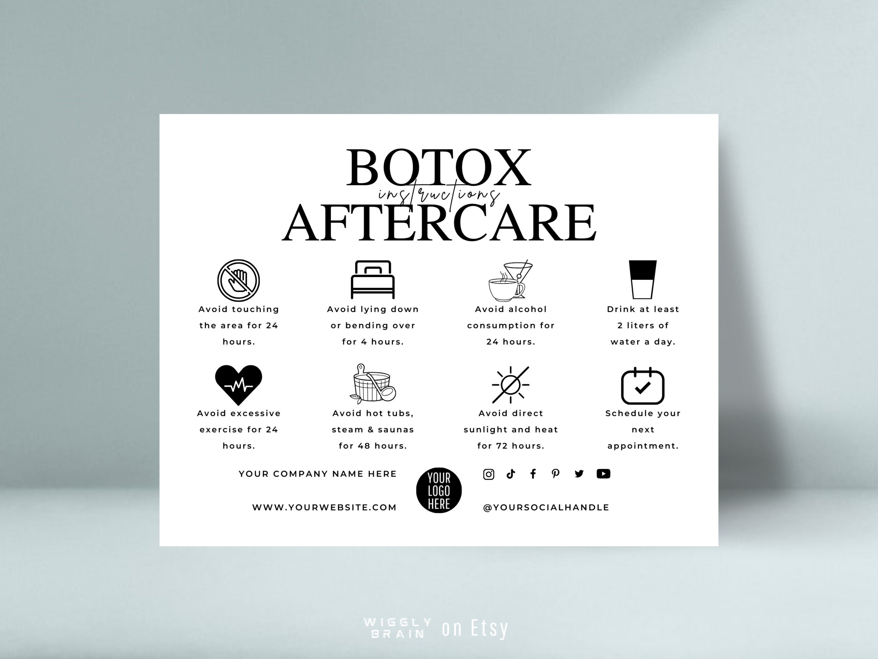Modello di scheda modificabile per la cura post-trattamento con Botox, istruzioni per la cura post-trattamento con filler, schede per estetisti Canva,