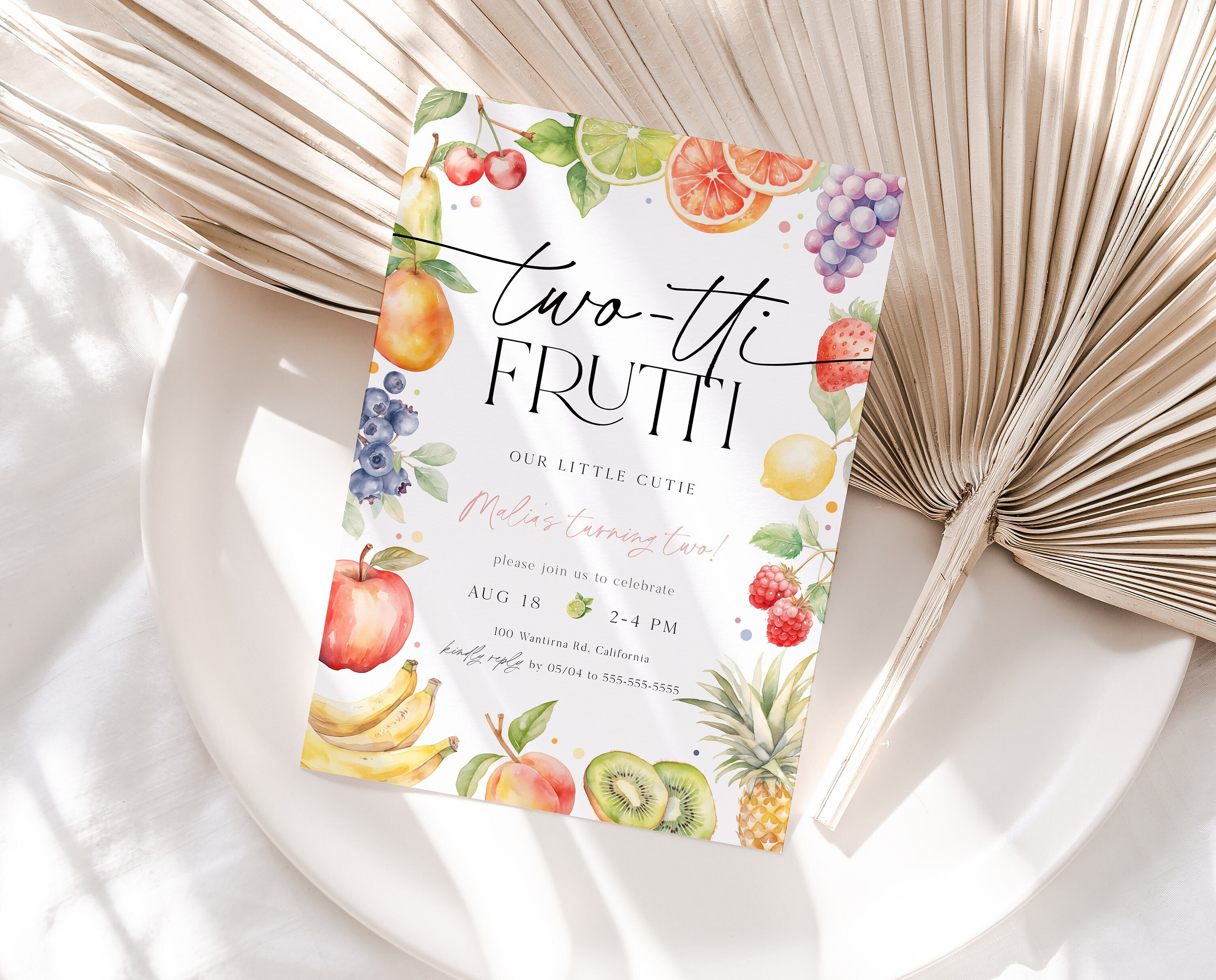Modello di invito per il secondo compleanno di Two-tti Frutti, invito a tema frutta, invito per il secondo compleanno di una bambina, compleanno estiv