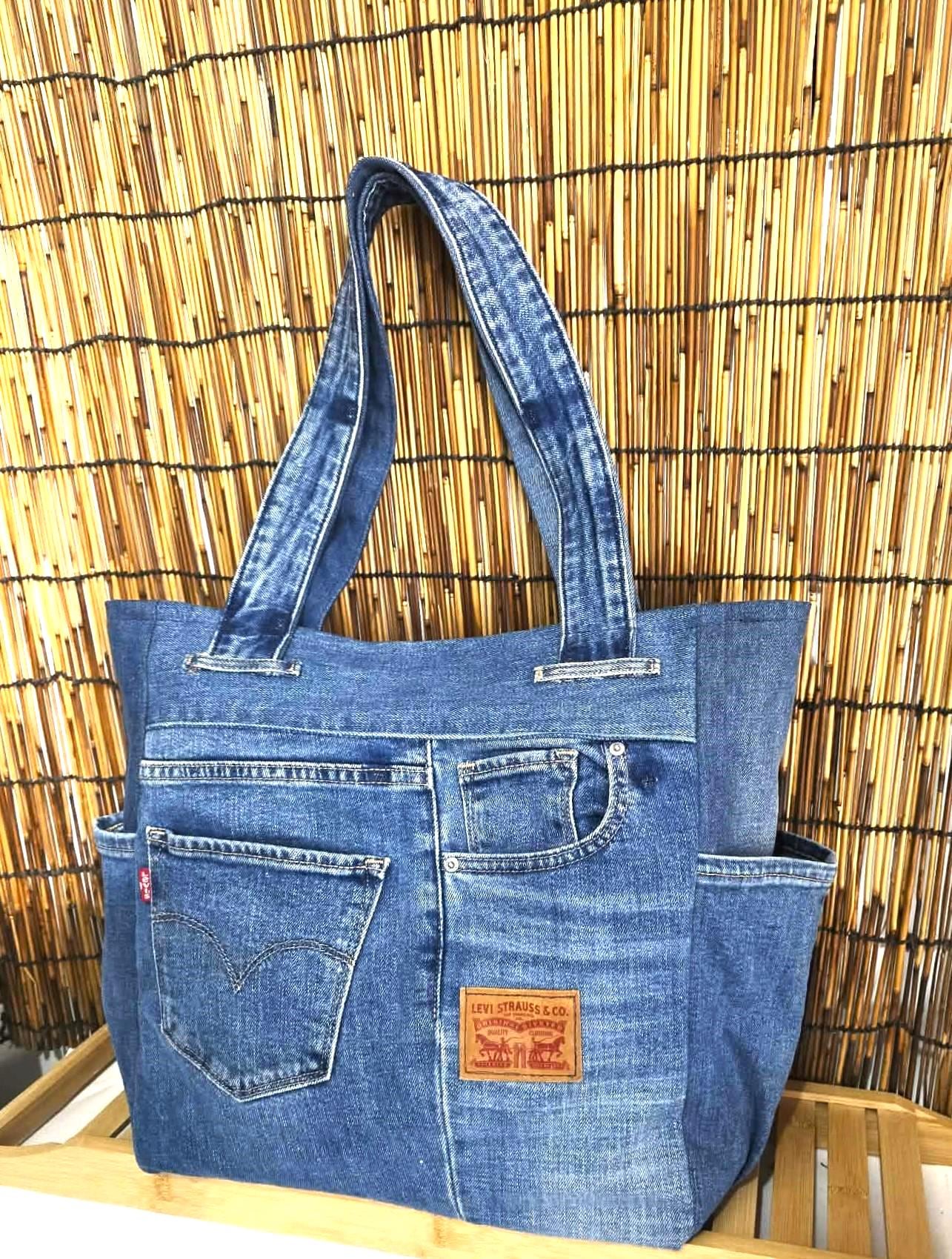 Borsa tote patchwork in denim, borsa hobo in jeans origami, borsa casual da mercato, borsa a mano in denim riciclato, borsa in denim con tracolla, reg