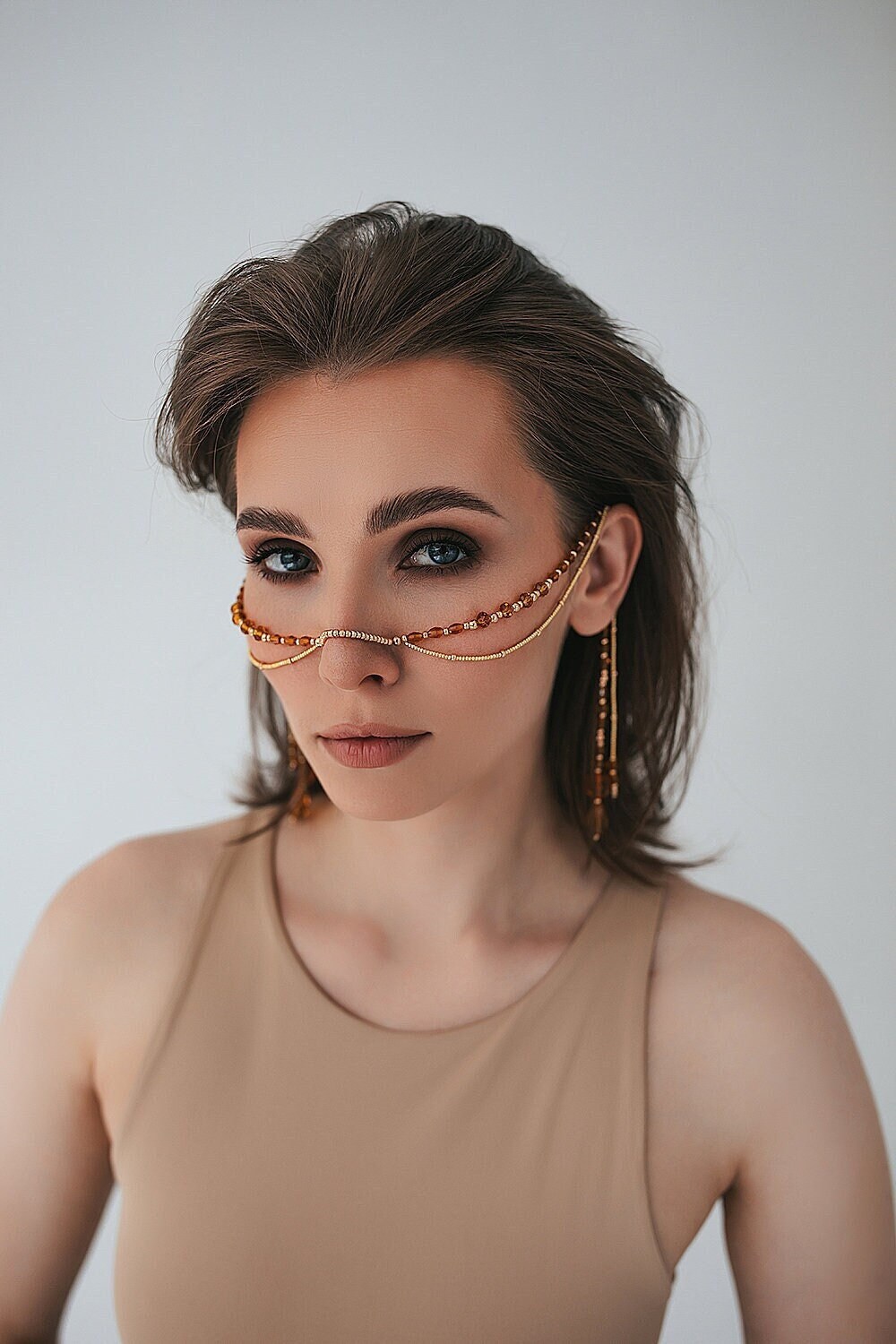 Gioielli con catena per il viso, Gioielli per il viso, Gioielli per il corpo, Gioielli per festival, Catena per il viso, Bigiotteria, maschera per il