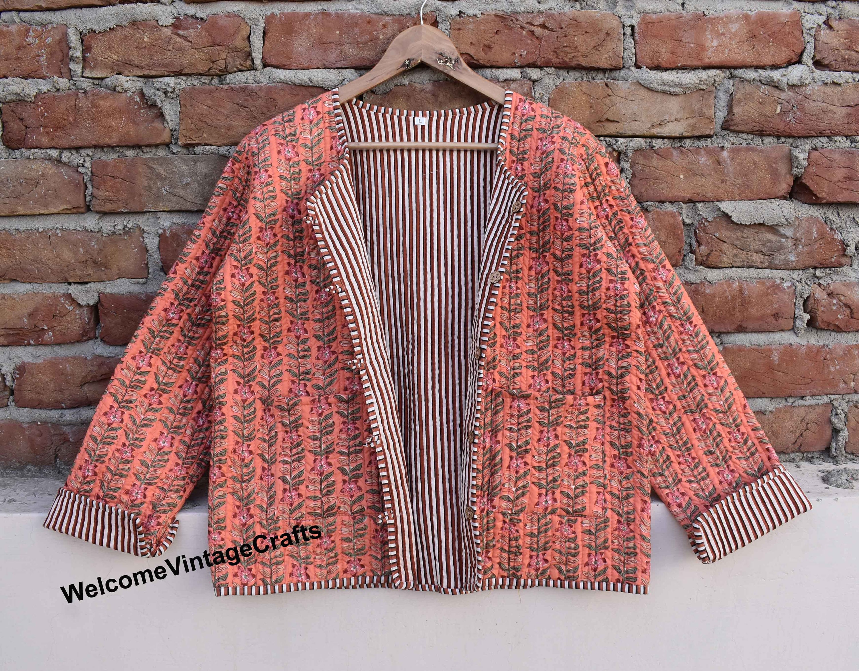 Giacca trapuntata in cotone da donna, con apertura frontale, kimono con profili a righe, giacca trapuntata vintage fatta a mano, cappotti, nuovo stile